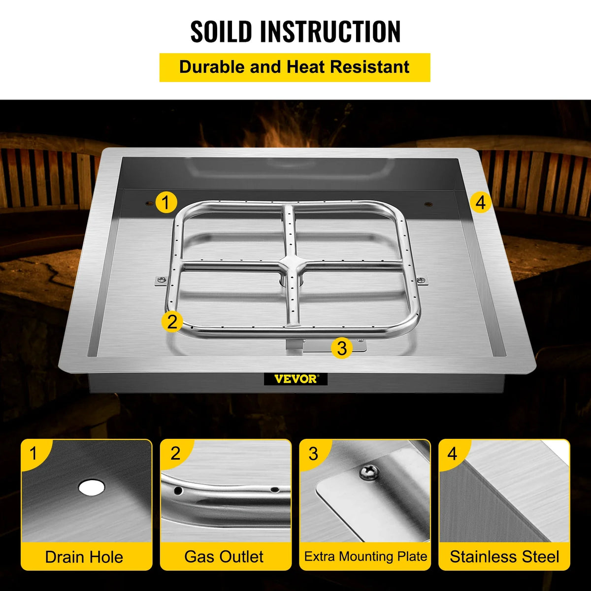 Drop in Fire Pit Pan 18\" x 18\" Square Fire Pit Burner Stainless Steel Gas Fire Pan with 1 Pack Volcanic Rock Fire Pit