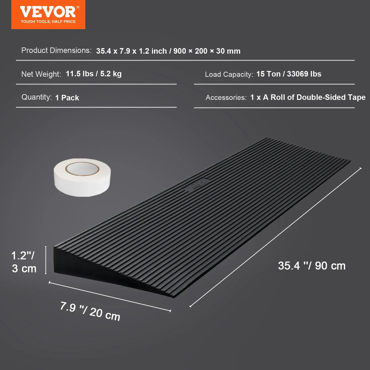 1.6In Rise Cuttable Threshold Ramp for Sweeping Robot,35.4" Wide Natural Rubber Wheelchair Ramp,Non-Slip Solid Rubber Ramp