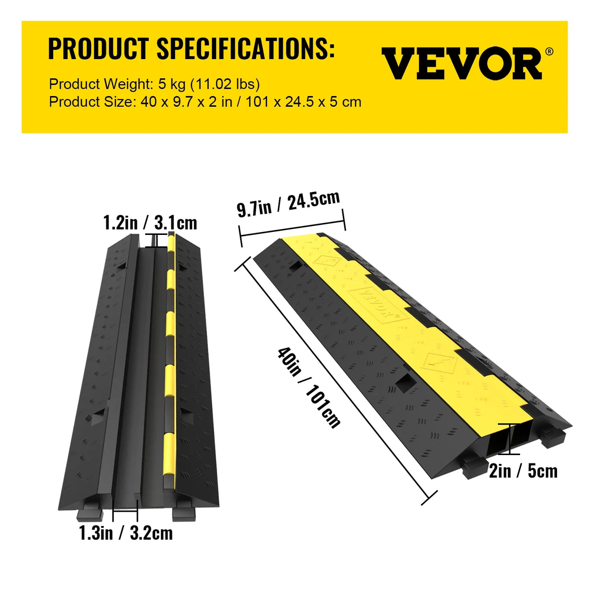Cable Protector Ramp Wire Cable Cover Cord Guard 2 Channels Rubber + PVC 11000LBS Speed Bump Parking Lots Driveway Traffic