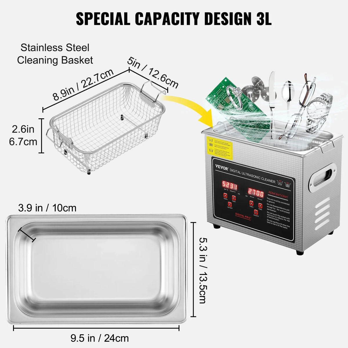 Ultrasonic Cleaner w/ Digital Timer & Heater,Professional Ultra Sonic Jewelry Cleaner,Stainless Steel Heated Clean Machine
