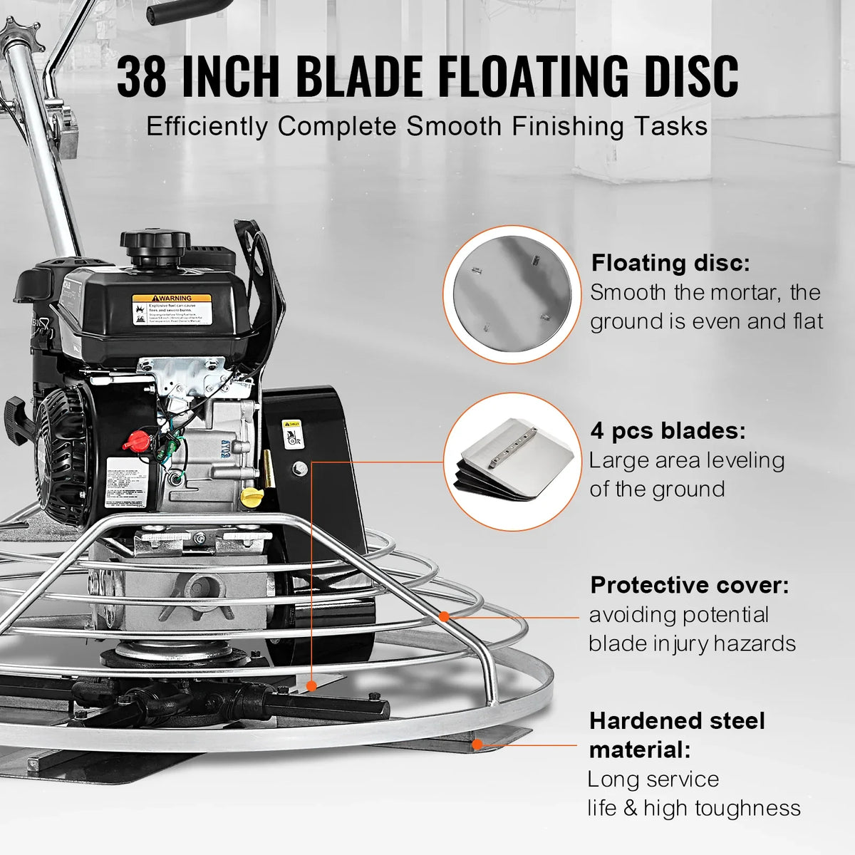 Power Trowel, 38” Walk-Behind Cement Trowel with Float Pan, 6HP Gas-Powered Smooth Concrete Surface Finisher, Orange