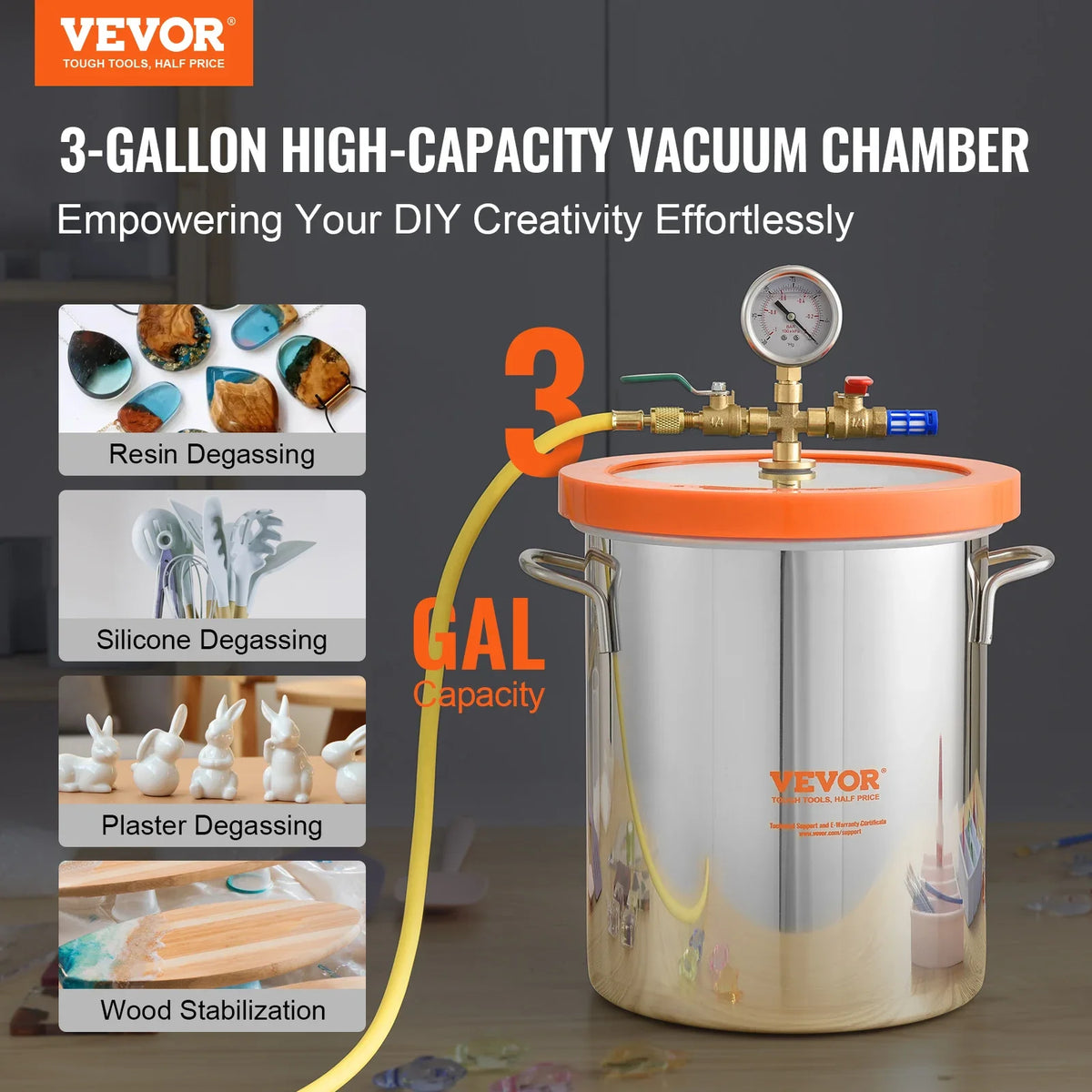 3/5 Gallon Vacuum Chamber Glass Lid Vacuum Degassing Chamber for Stabilizing Wood Resin/Silicone/Plaster Degassing