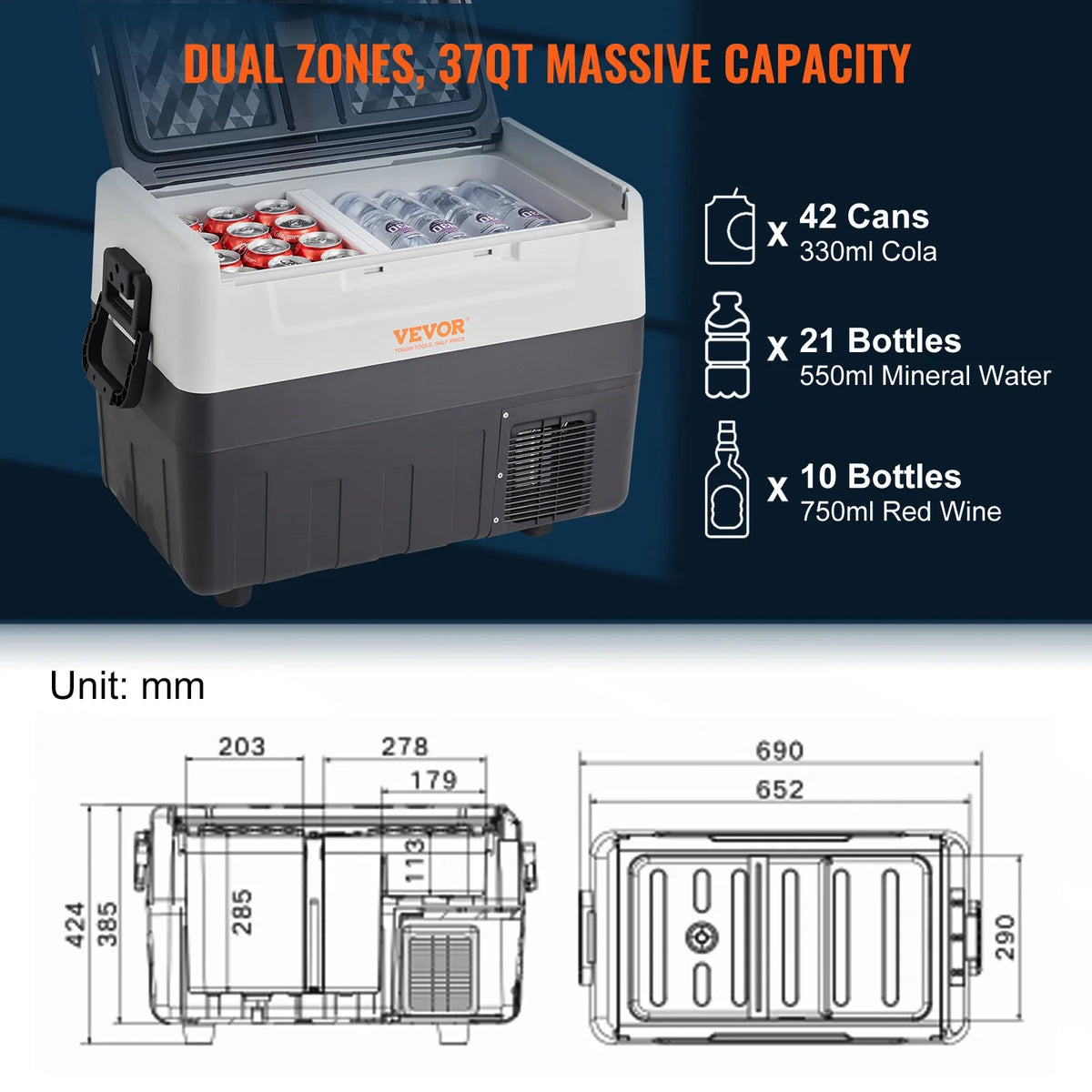 35L 38L 45L 53L 55L Car Refrigerator, -4℉-50℉ Dual Zone Portable Freezer, Compressor Cooler for Outdoor, Camping, Travel