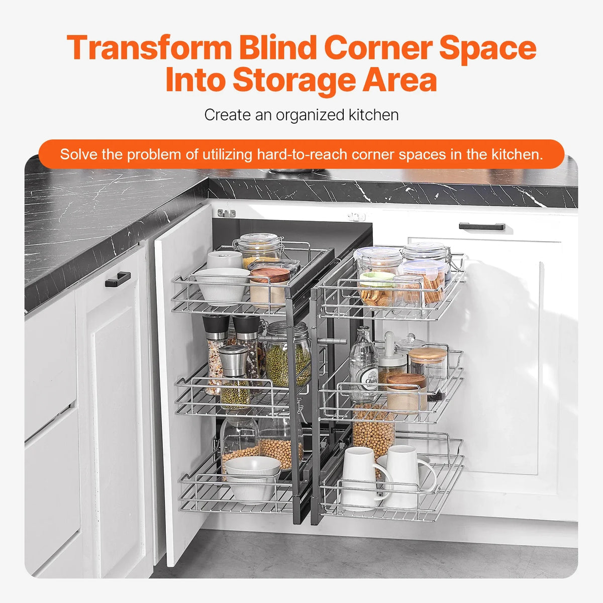15"W Opening Blind Corner Pull Out Organizer, 3 Tier 6 Shelf Kitchen Cabinet Organizer, Chrome Carbon Steel Storage Basket