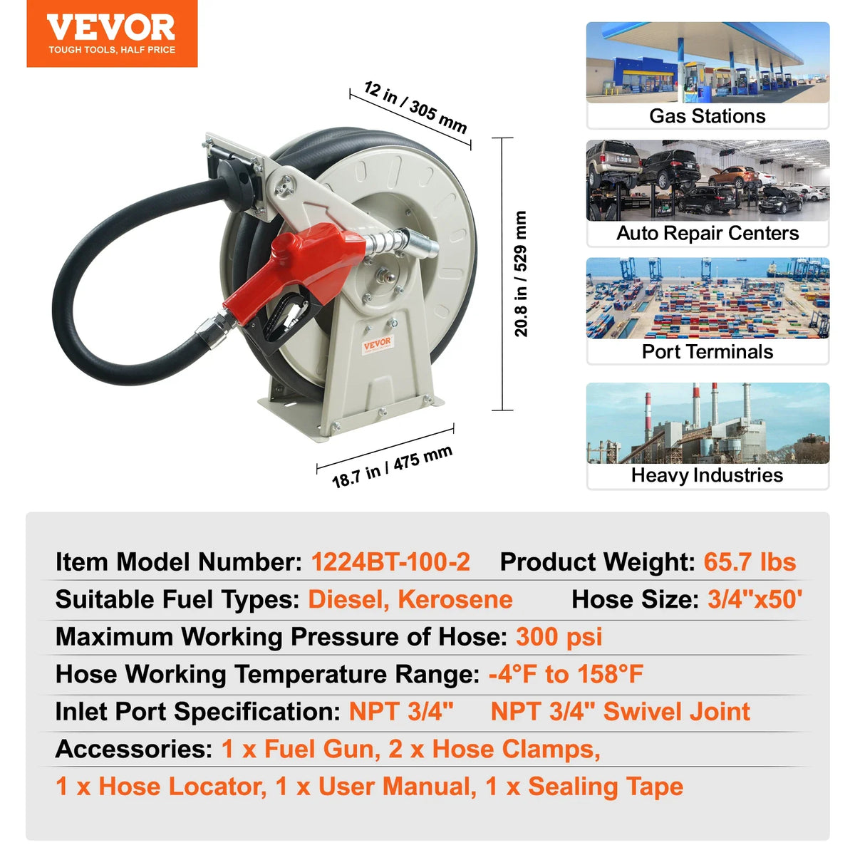 33/50/66ft Fuel Hose Reel Extra Long Retractable Spring Driven Auto Swivel Rewind for Auto Repair Heavy Industries