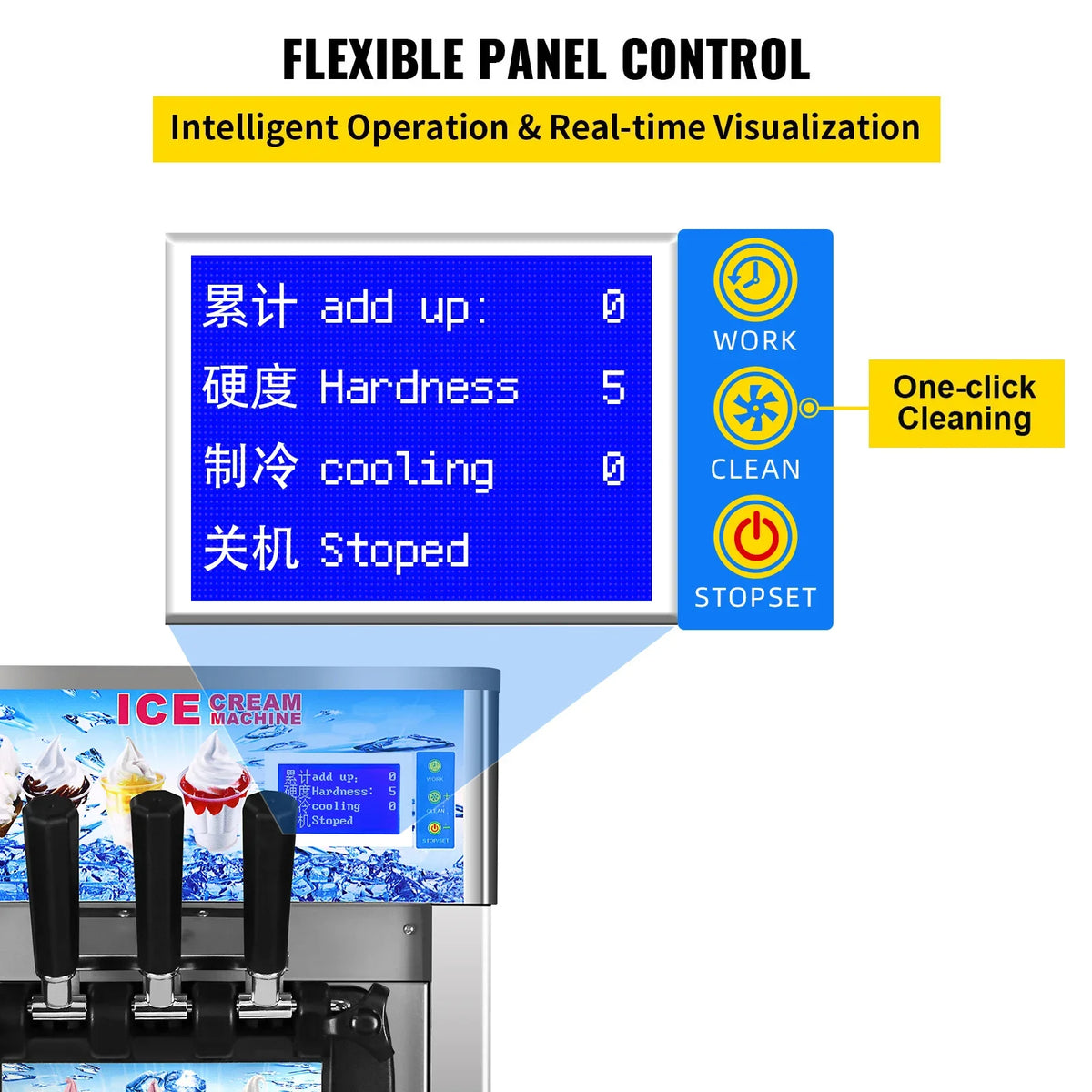 Commercial Soft Serve Ice Cream Machine - Tri-Flavor 18L/H with LCD Display & One-Touch Cleaning for Dessert Shops, Cafes