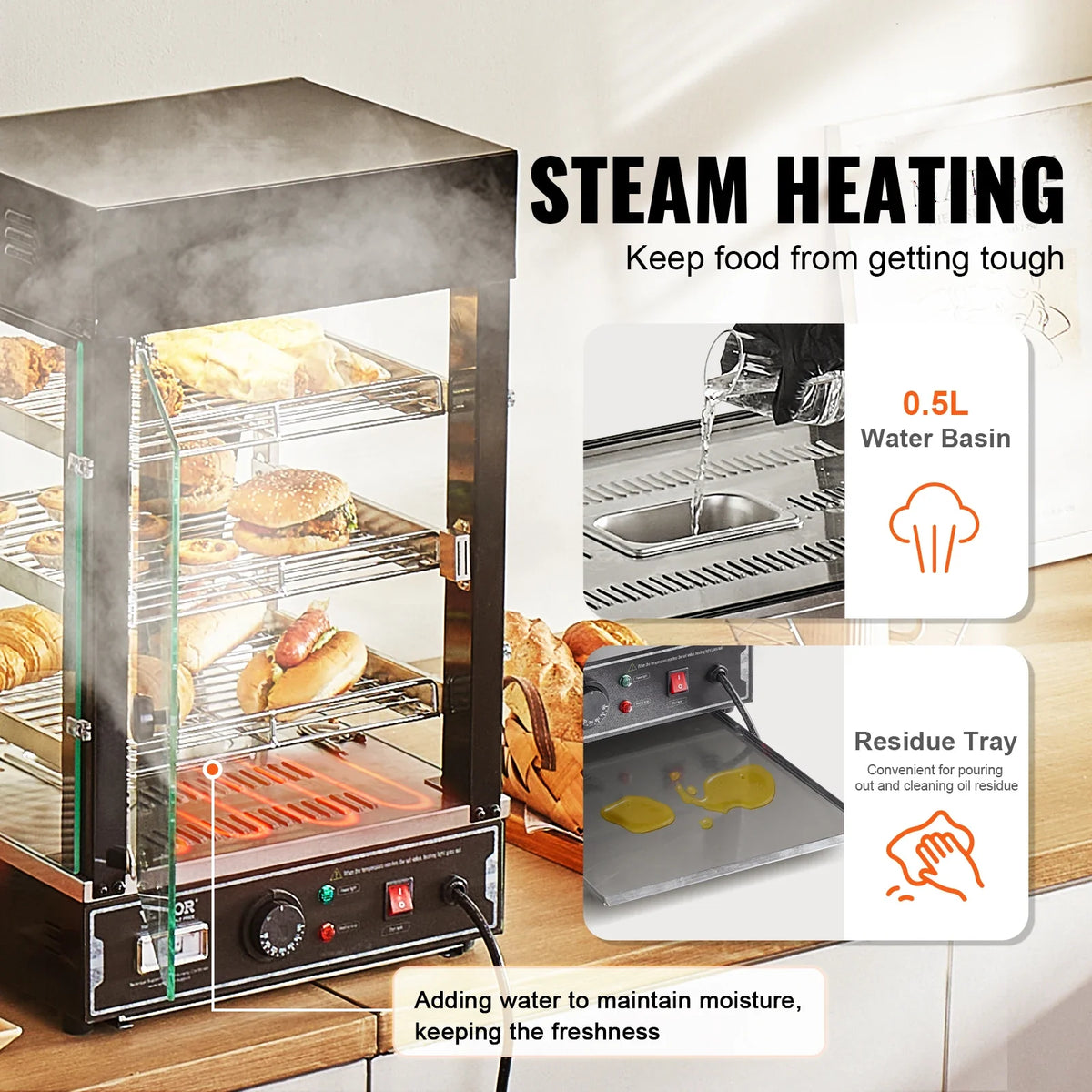 3-Tier Commercial Food Warmer Display, 1000W Food Display Warmer with Light, Adjustable Shelf and Temperature Display
