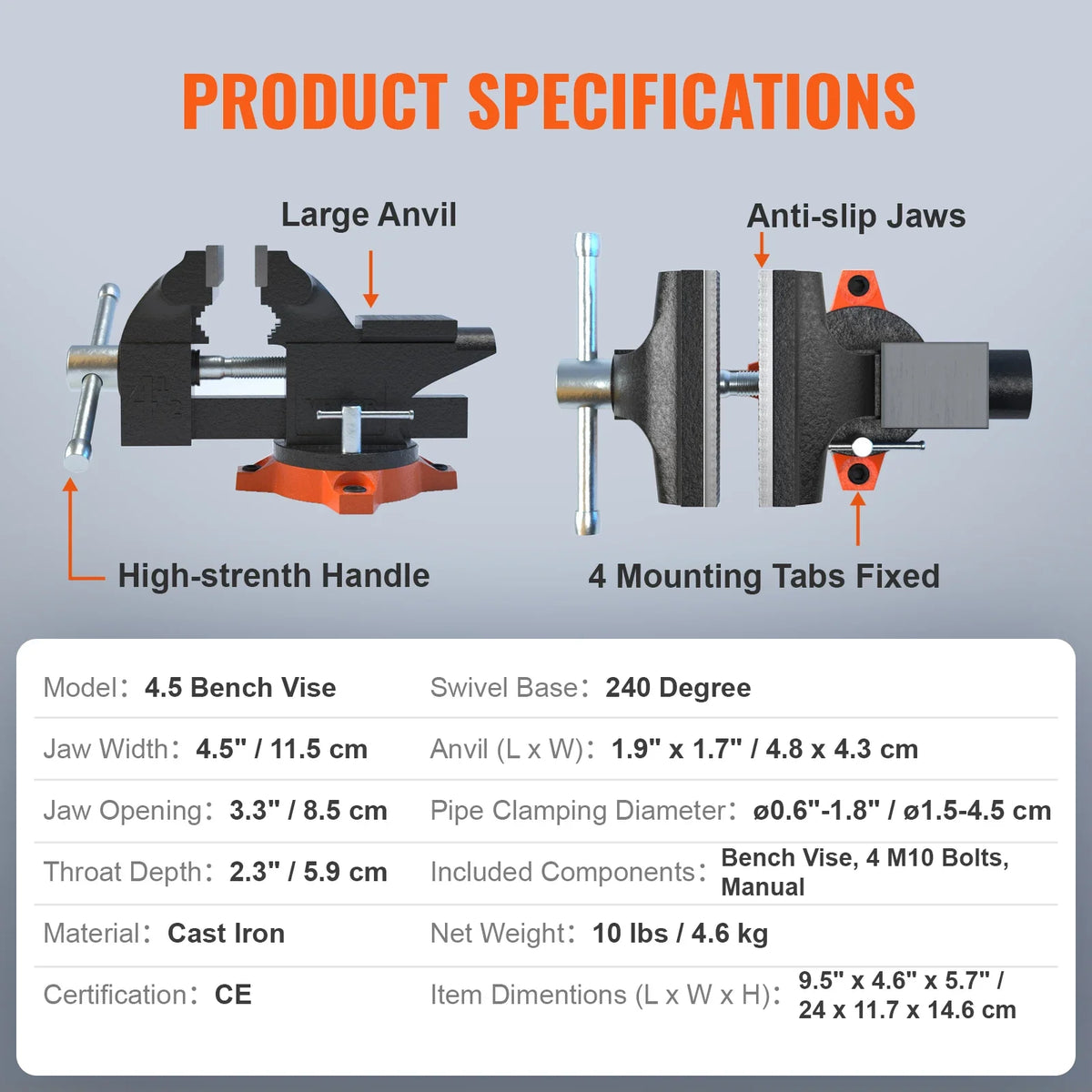 Bench Vise 4.5" 6" 6.5" Multipurpose with Swivel Base & Anvil Heavy Duty Cast Iron for Drilling, Conduit Cutting, Sanding