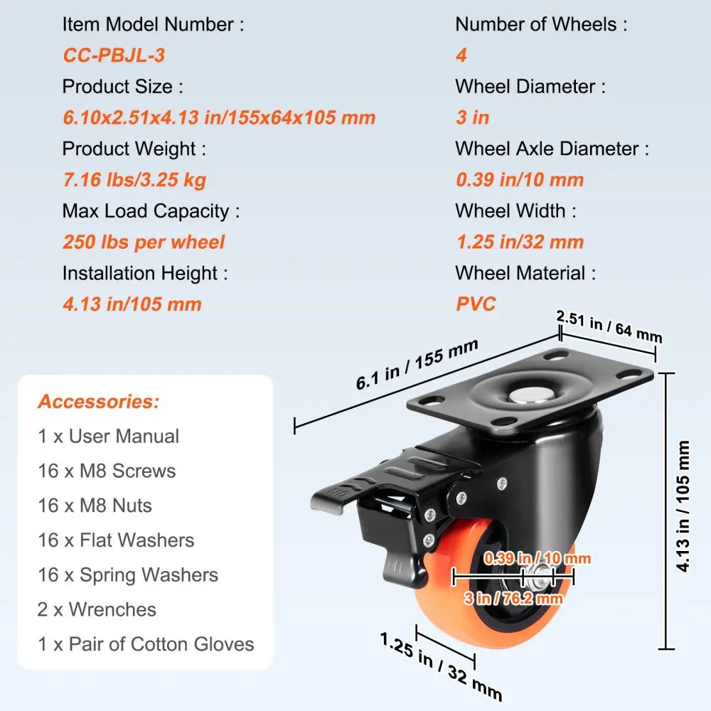 2/3/4/5/6-inch Swivel Plate Casters Set of 4 with Security Dual Locking PVC Caster Wheels for Cart Furniture Workbench