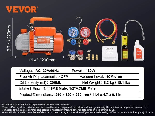 3.5/4.5CFM Single Stage Rotary Vane HVAC Air AC Vacuum Pump & A/C Refrigerant Kit Manifold Gauge Set for Air Conditioning