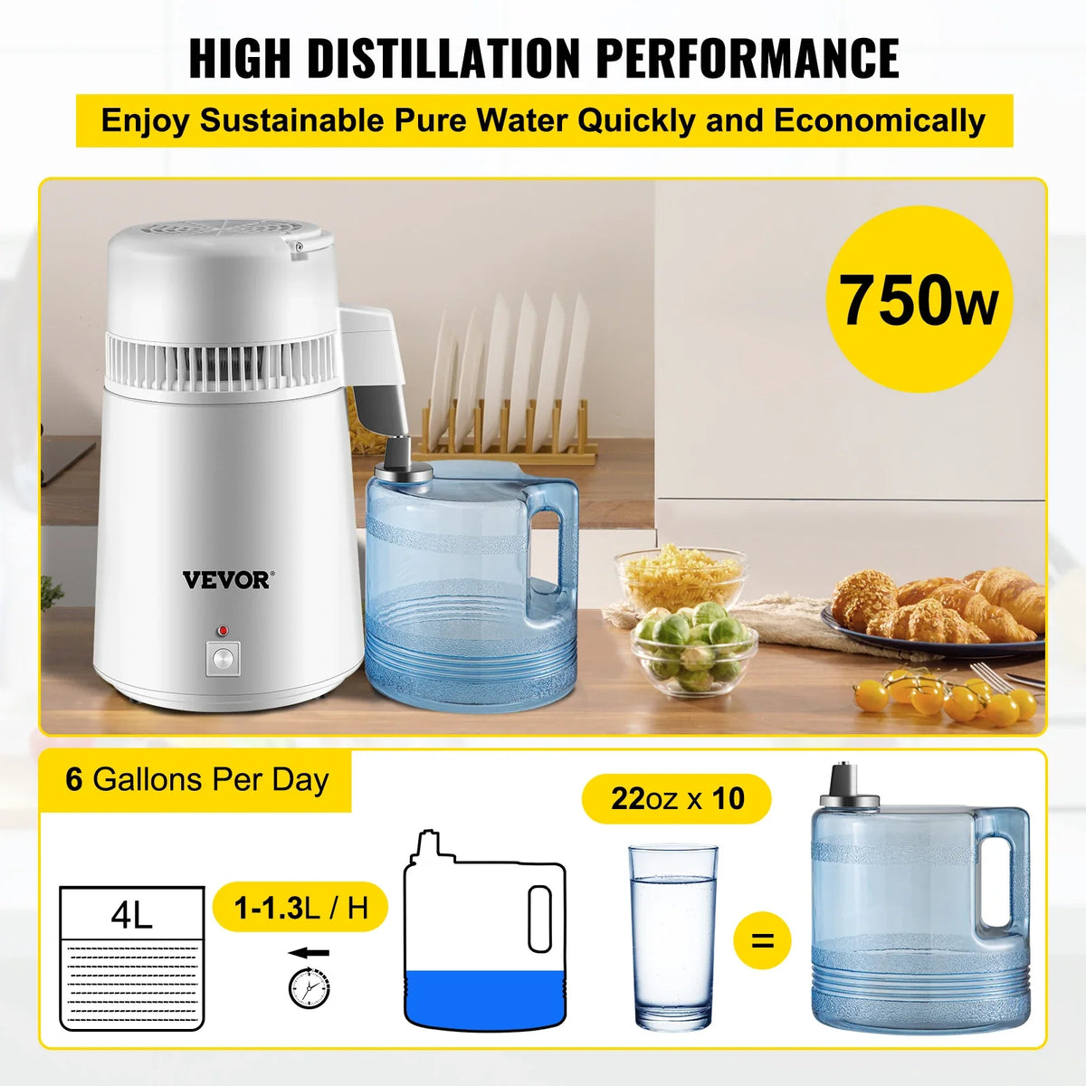 4L Water Distiller Purifier Filter Dispenser Heating Drinking Bottle Softener 304 Stainless Steel for Office Homes