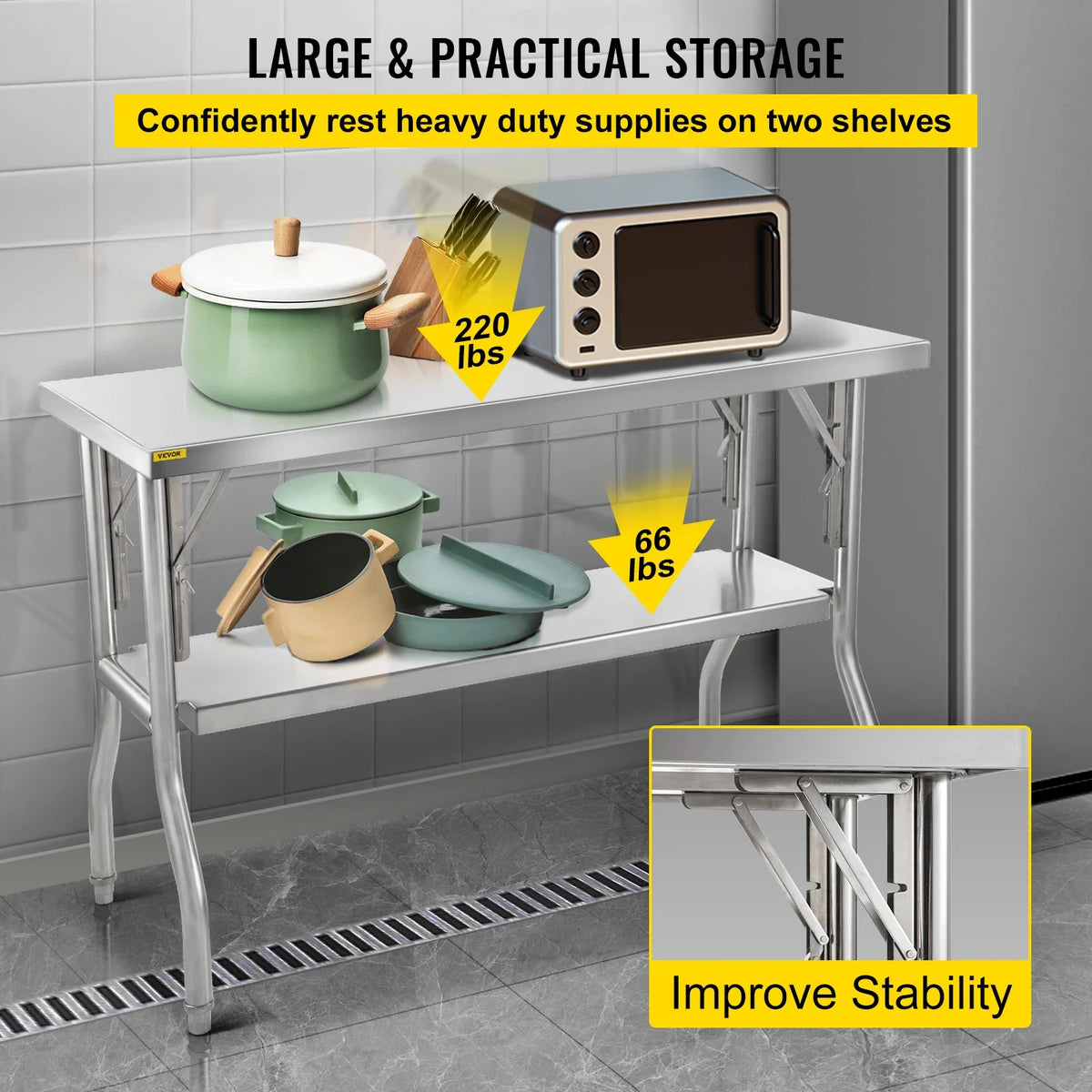 Commercial Worktable Workstation 48 x 24 Inch Folding Prep Table, Heavy-duty Stainless Steel Folding Table w/ 772 lbs Load