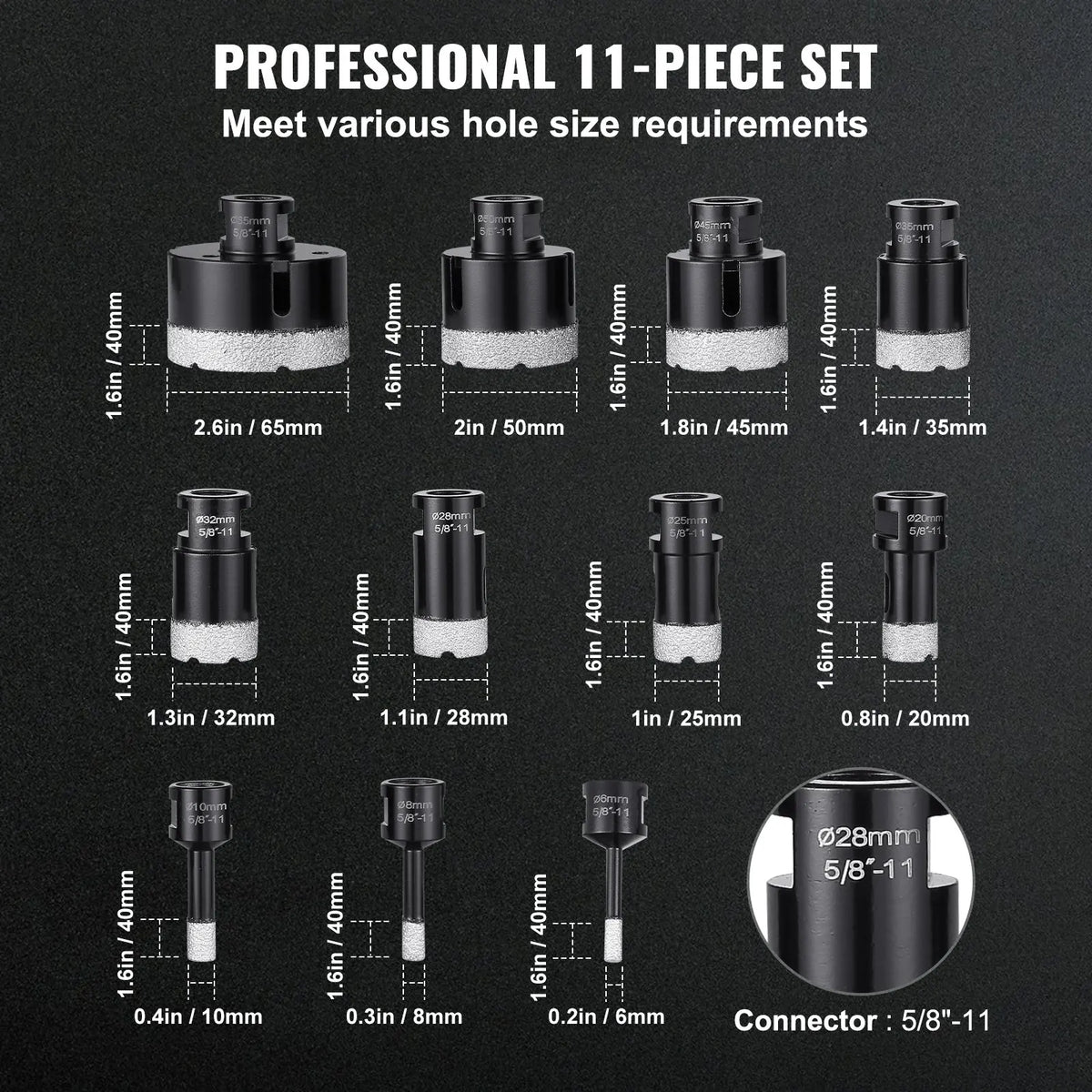 Diamond Core Drill Bit Set, 6/7/8/11PCS Diamond Hole Saw Kit, with 5/8"-11 Connector and Storage Case, for Dry and Wet