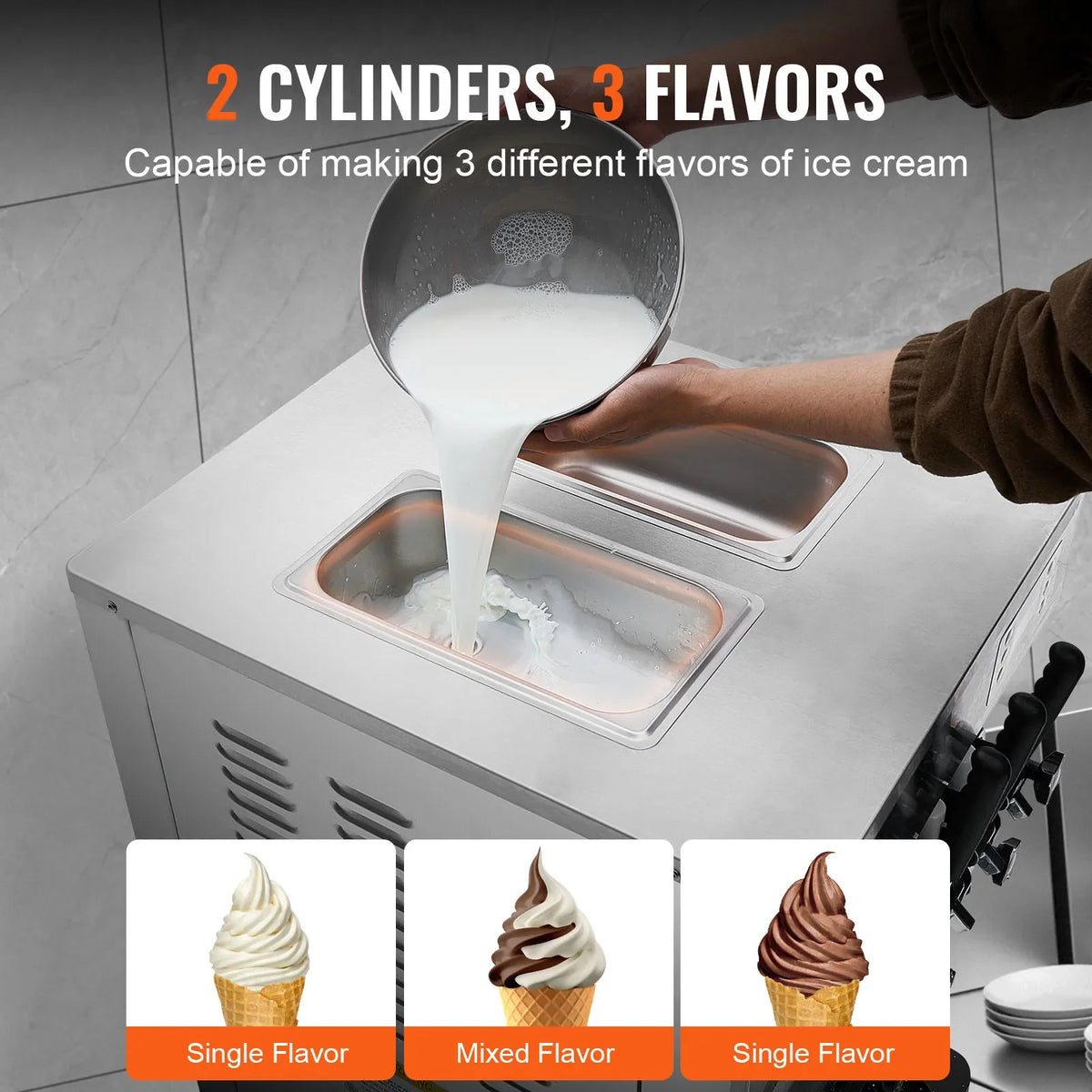 2200W Commercial Soft Ice Cream Machine 3 Flavors 5.3 to 7.4Gallon per Hour PreCooling at Night Auto Clean LCD Panel
