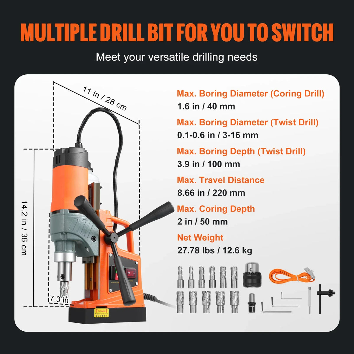 Magnetic Drill, 1450W 1.57/2In Boring Diameter, Portable Electric Mag Drill Press,800RPM Drilling Machine