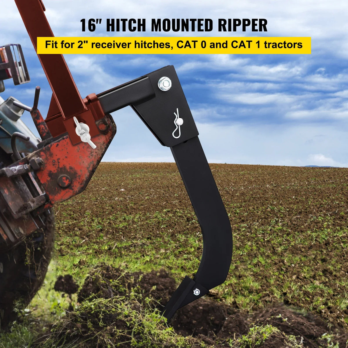 Hitch Mounted Ripper Box Scraper with 16" Shank and 4 Hole Sites & 2 Plow Tips Teeth Blade for Tractor 2 Locating Pins