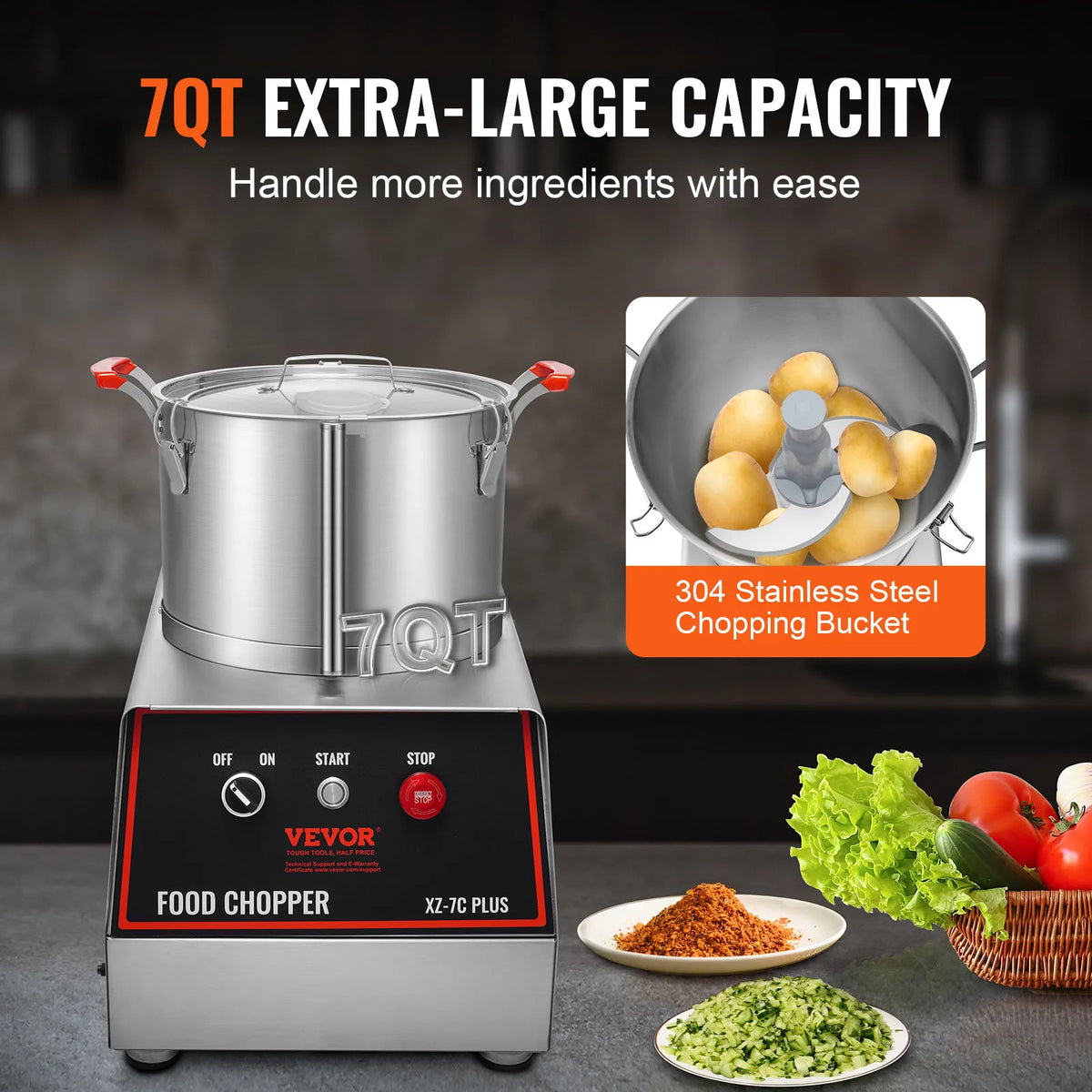 Food Processor & Vegetable Chopper, 7Qt 750W Food-Grade Stainless Steel Food Processor Chopper with 2 Extra S-Curve Blades