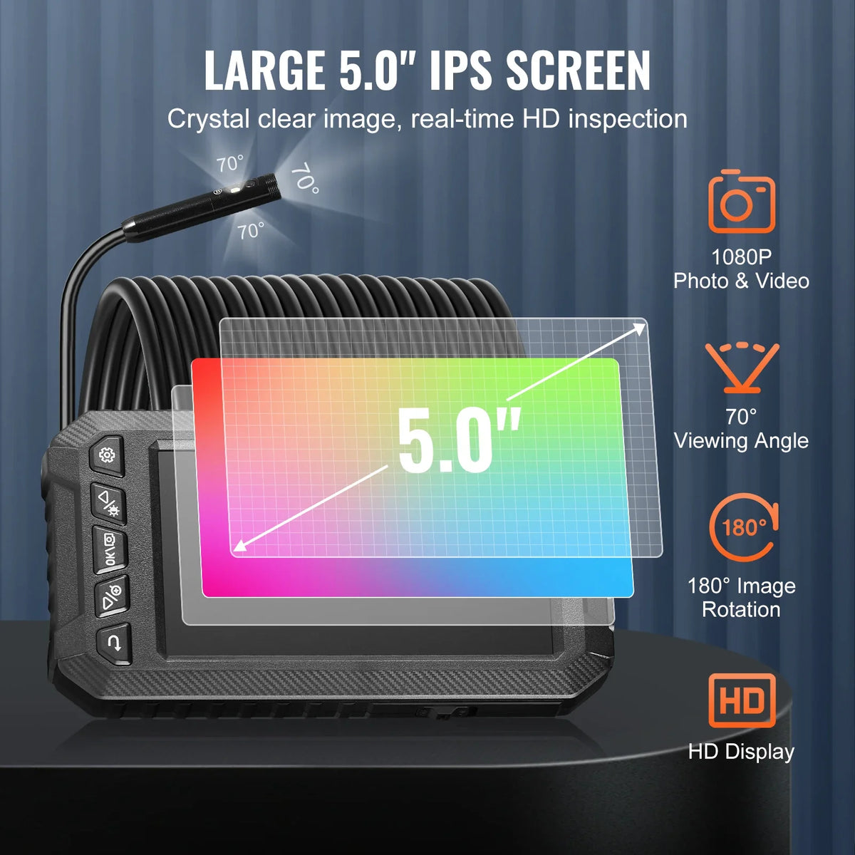 Endoscope Camera with Light Triple Lens Industrial Borescope 5" Screen 1080P Inspection Camera for Automotive, Plumbing