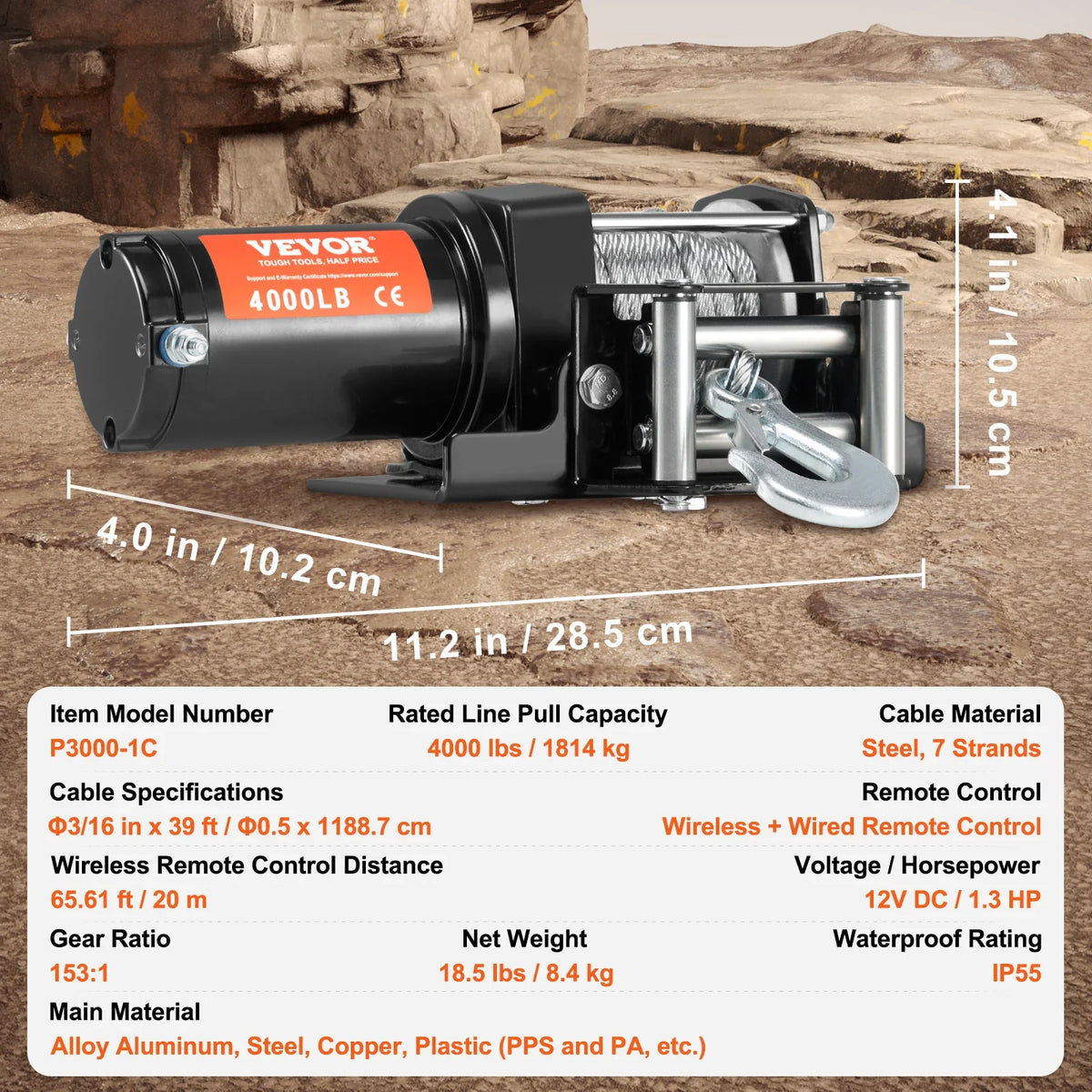4000lbs Electric Winch with 39ft 7 Strands Steel Cable Wireless & Wired Remote Control ATV/UTV Winch for Truck Towing