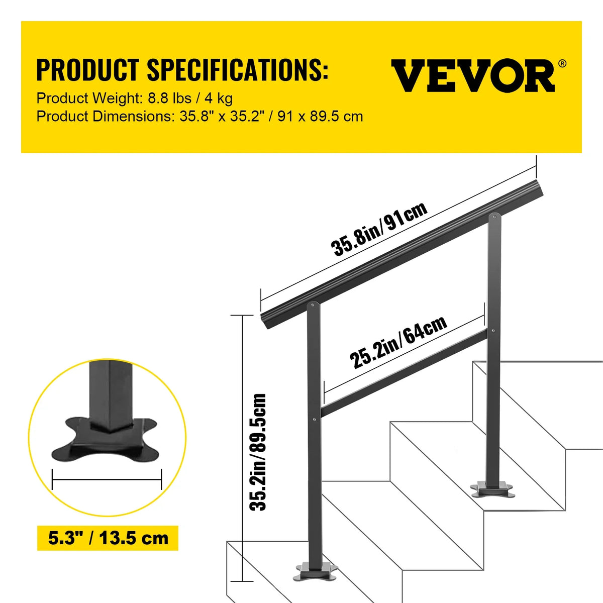 Outdoor Stairs Handrail Step Handrail Railing Fit 3-4 Steps Adjustable from 0 to 30 Degrees Handrail Stairs Railing Kits