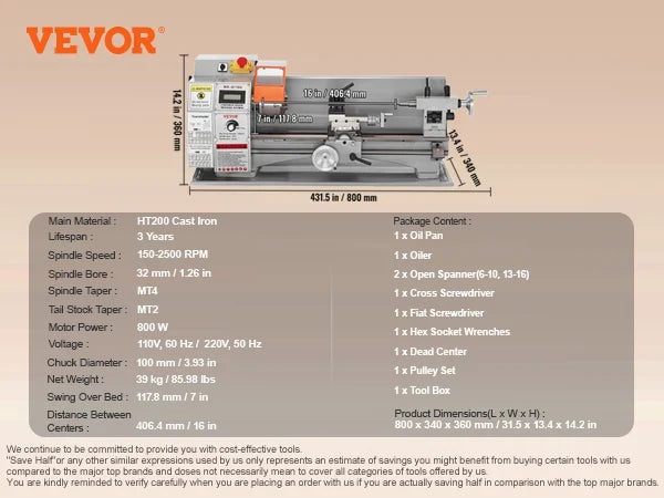 Metal Lathe, 7'' x 16'', 800W, Precision Desktop Metalworking Lathe, Variable Speed 150-2500 RPM,w/3-jaw Chuck & Tool Box