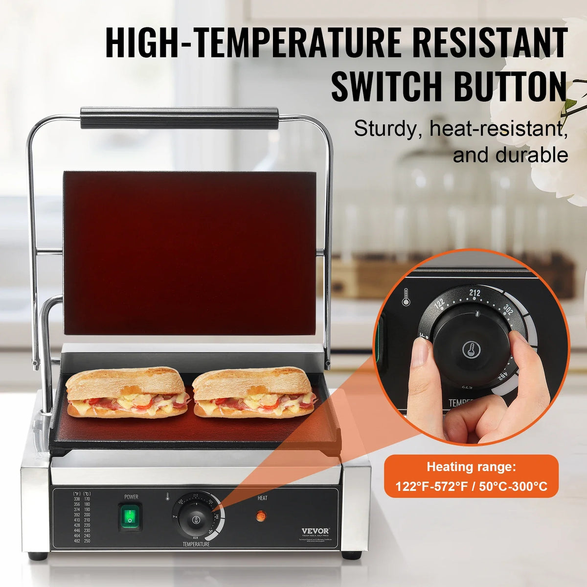 17 In Commercial Panini Grill, Electric Sandwich Panini Maker, Stainless Steel Sandwich Press Grill, with Temp Control