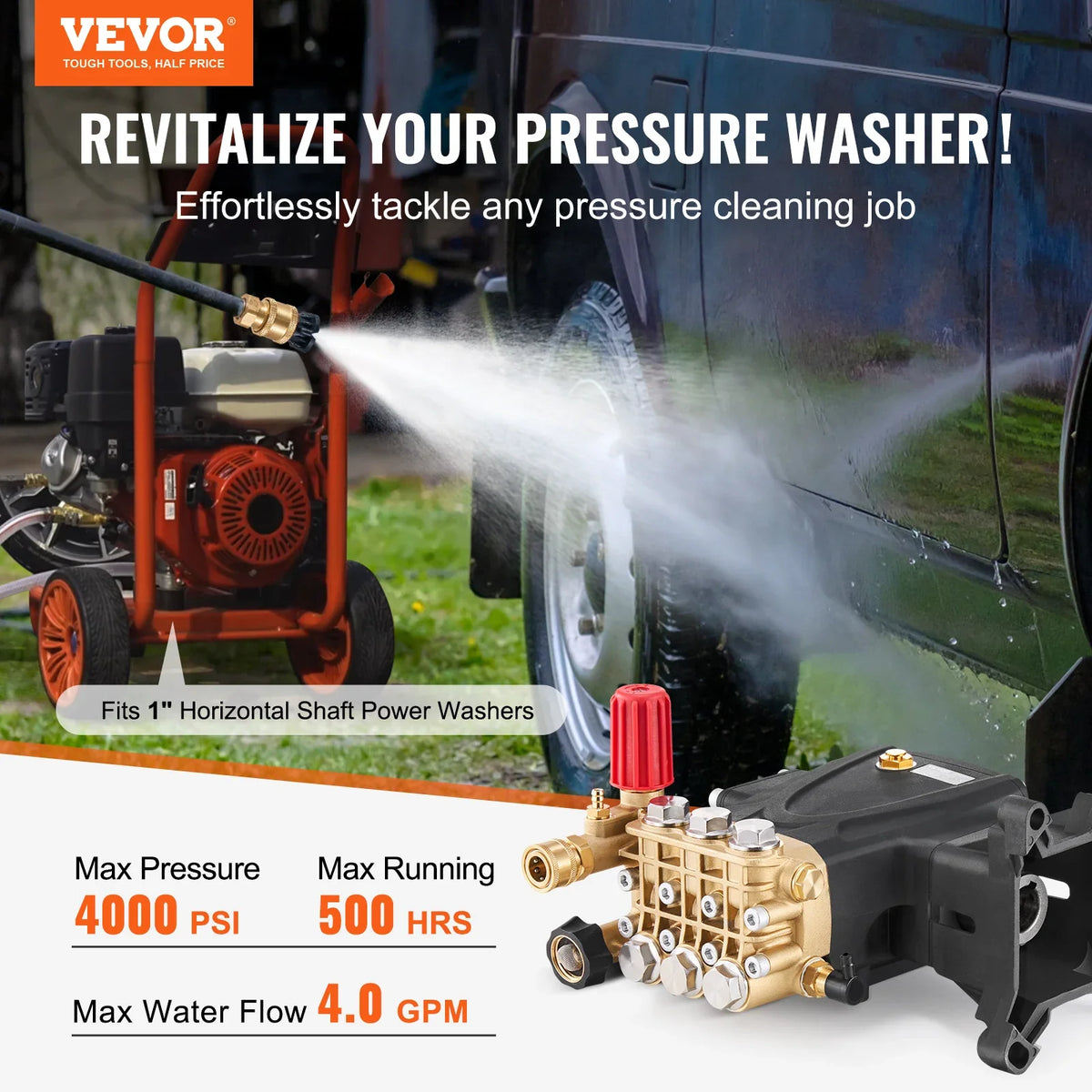 Pressure Washer Pump 1" Shaft Horizontal Triplex Plunger 4000PSI 4.0GPM Replacement Power Washer Pumps Kit with 5 Nozzles
