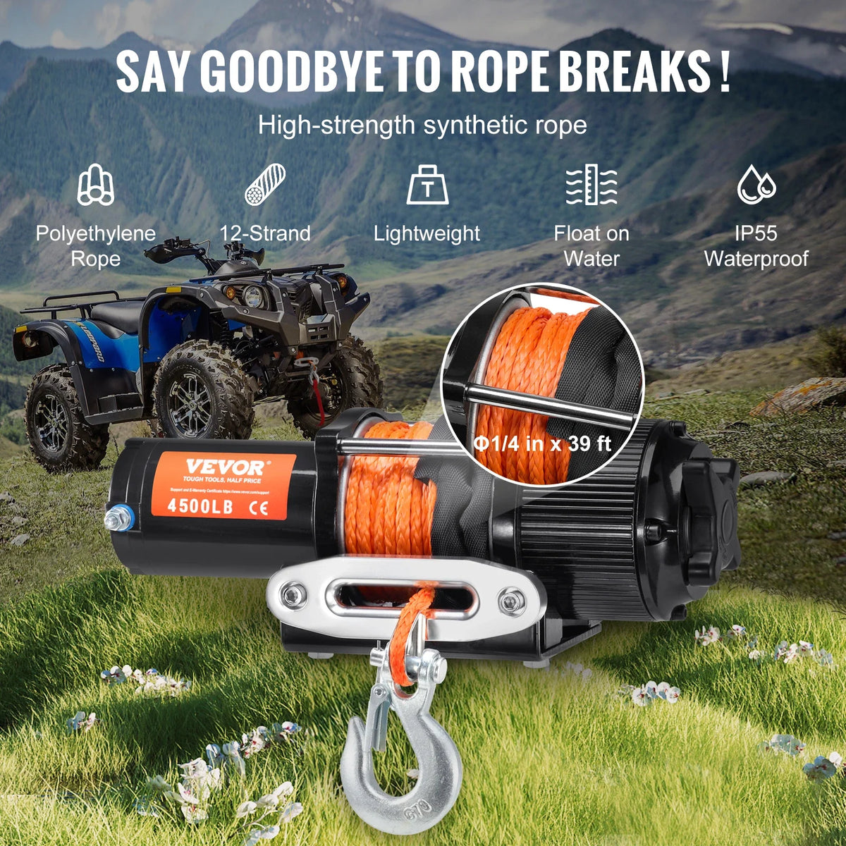 Electric Winch, 4500 lbs, 12V DC ATV/UTV Winch w/Φ1/4 in x 39 ft 12 Strands Synthetic Rope Wireless & Wired Remote Control