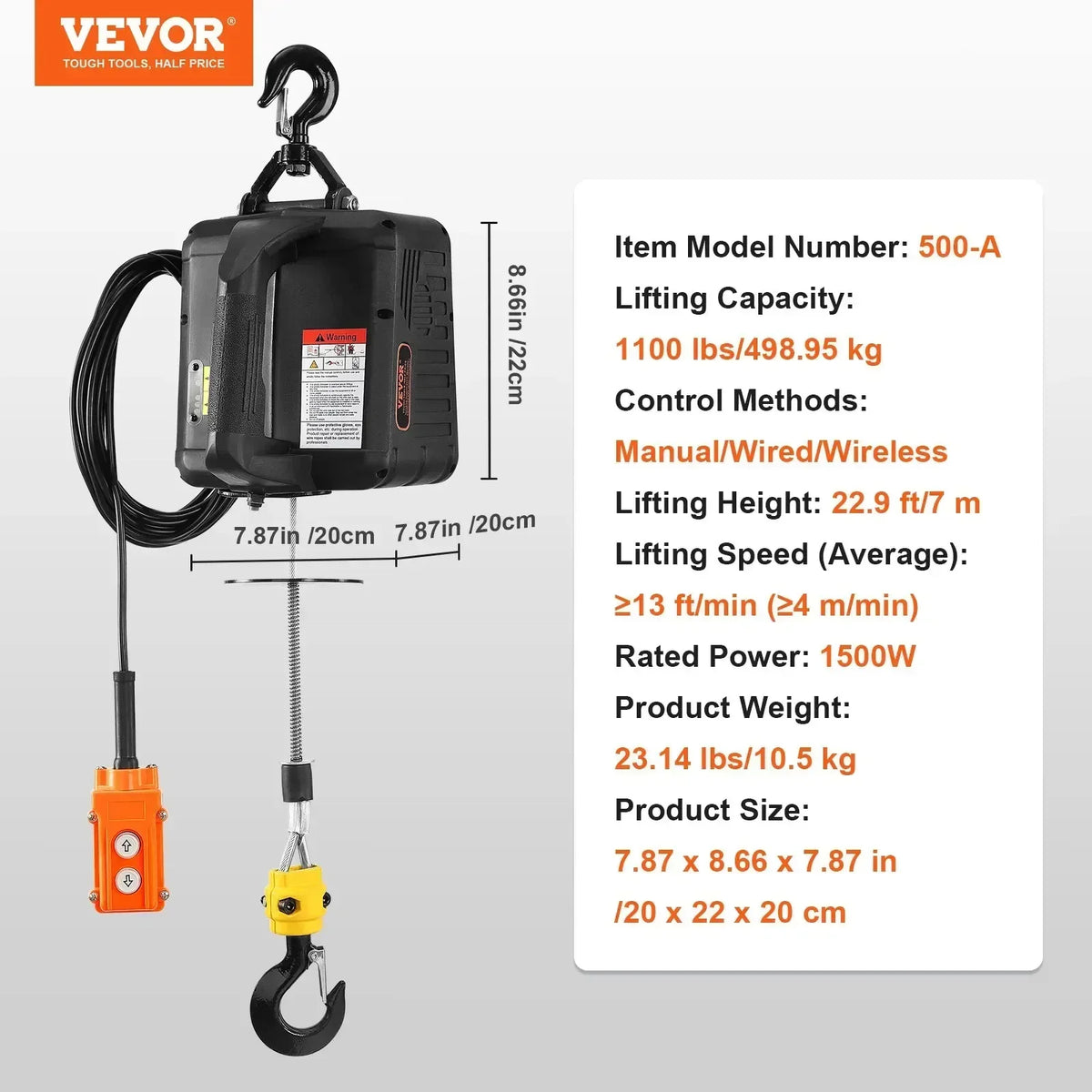 1100lbs1500W 3-in-1Electric Hoist Winch Portable Power Winch Crane with Wired/Wireless Remote Control for Overload Protect