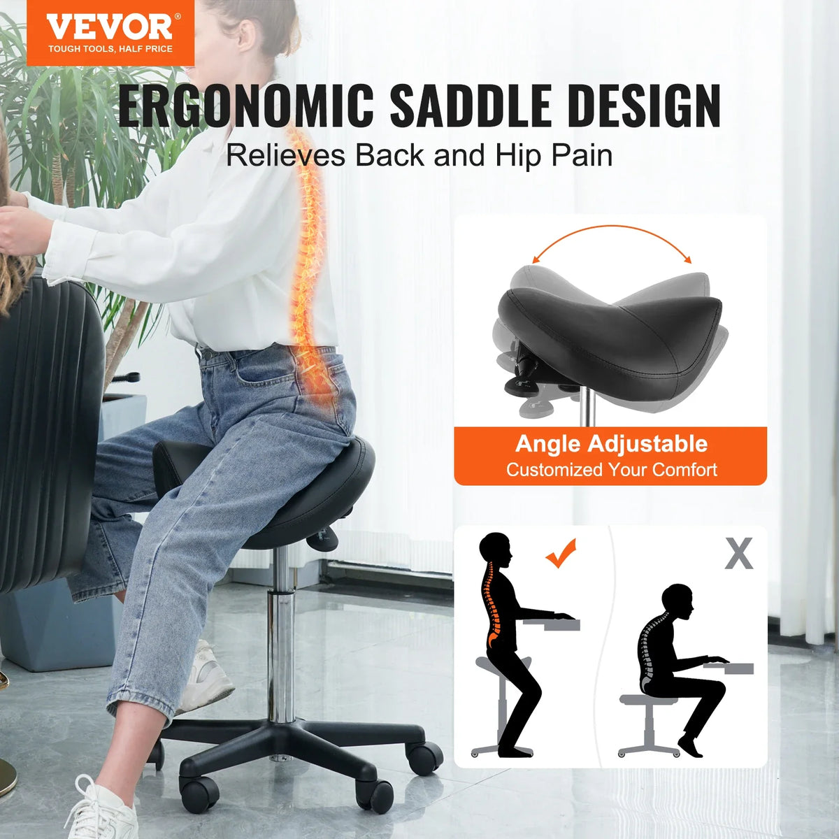 Ergonomic Saddle Stool with 5 Swivel Casters 360° Rotation 20.1-28 in Height Adjustable Round Stool for Bar Salon Office
