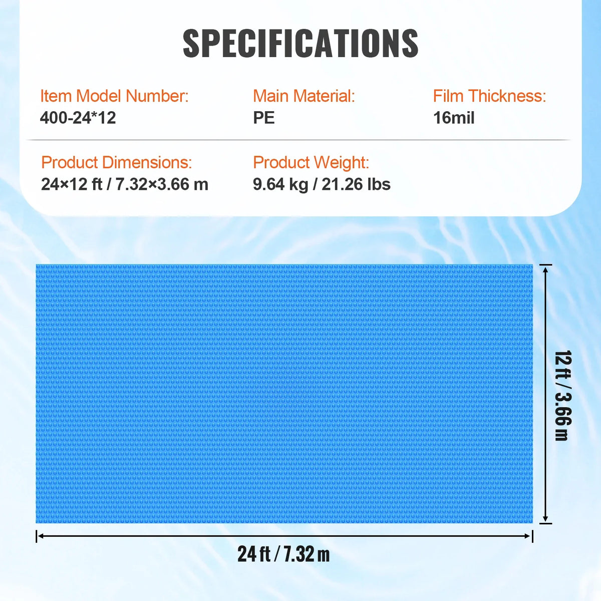 Solar Pool Cover 24 x 12 ft Rectangle Solar Blanket for Pools, Inground Above Ground Swimming Pool Solar Cover