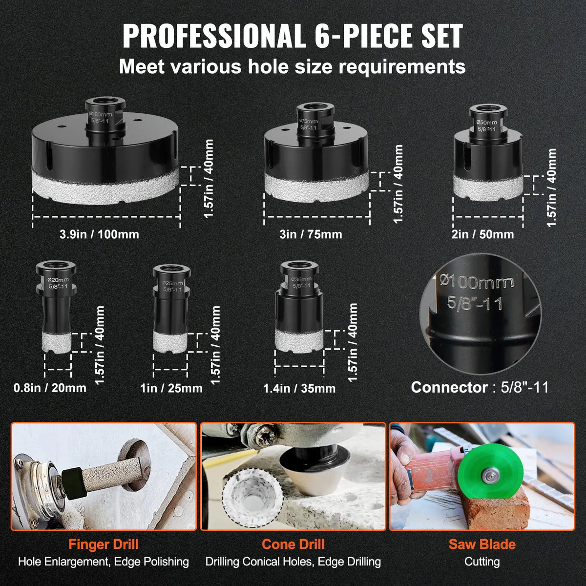 Diamond Core Drill Bit Set, 6/7/8/11PCS Diamond Hole Saw Kit, with 5/8"-11 Connector and Storage Case, for Dry and Wet