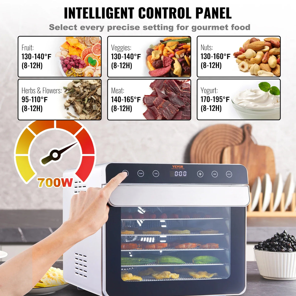 Food Dehydrator Machine 700W With Digital Timer Temperature Control 6 Trays Food Dehydrated Dryer for Jerky, Herb