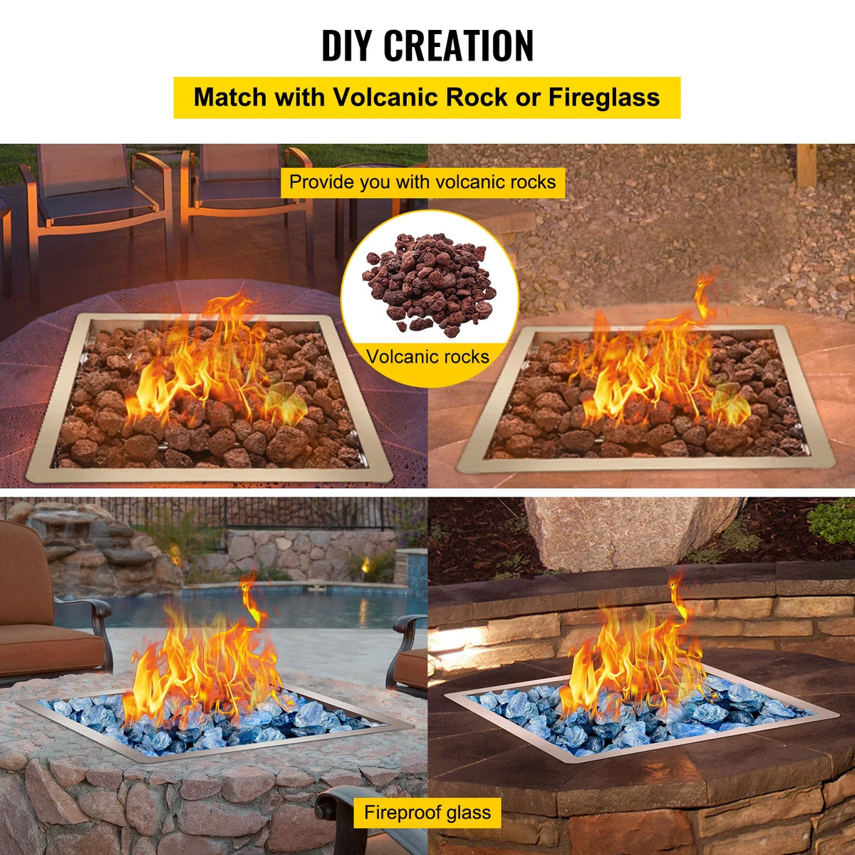 Drop in Fire Pit Pan 18\" x 18\" Square Fire Pit Burner Stainless Steel Gas Fire Pan with 1 Pack Volcanic Rock Fire Pit
