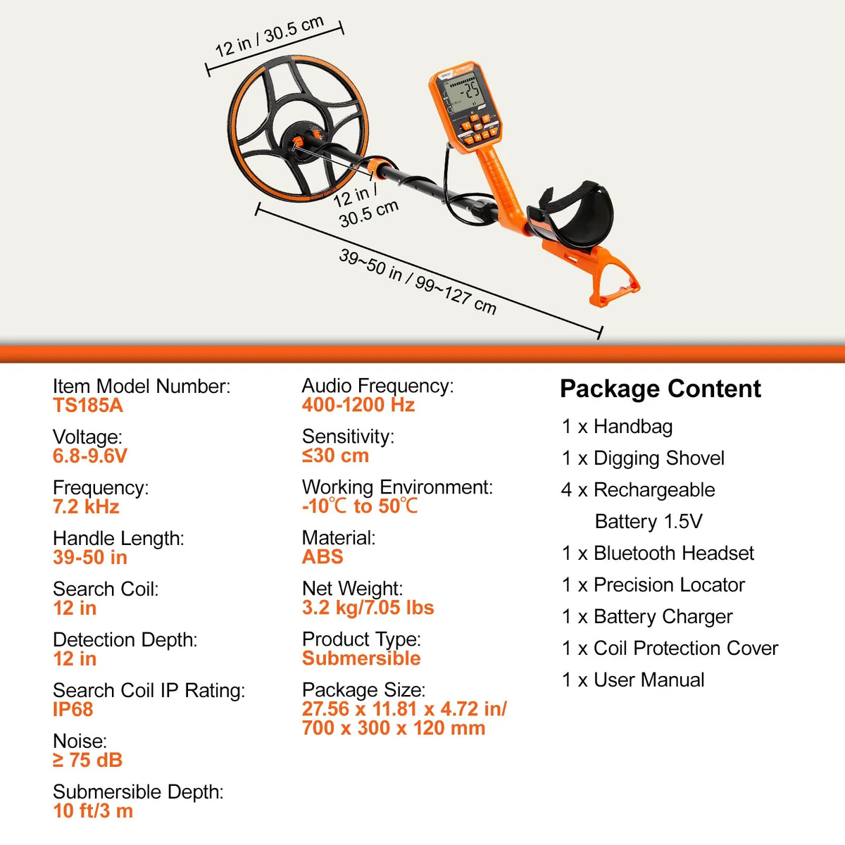 Metal Detector 12" Coil Rechargeable Gold Detector 39-50in Adjustable W/7 Modes DSP Chip IP68 for Detecting Gold Treasure