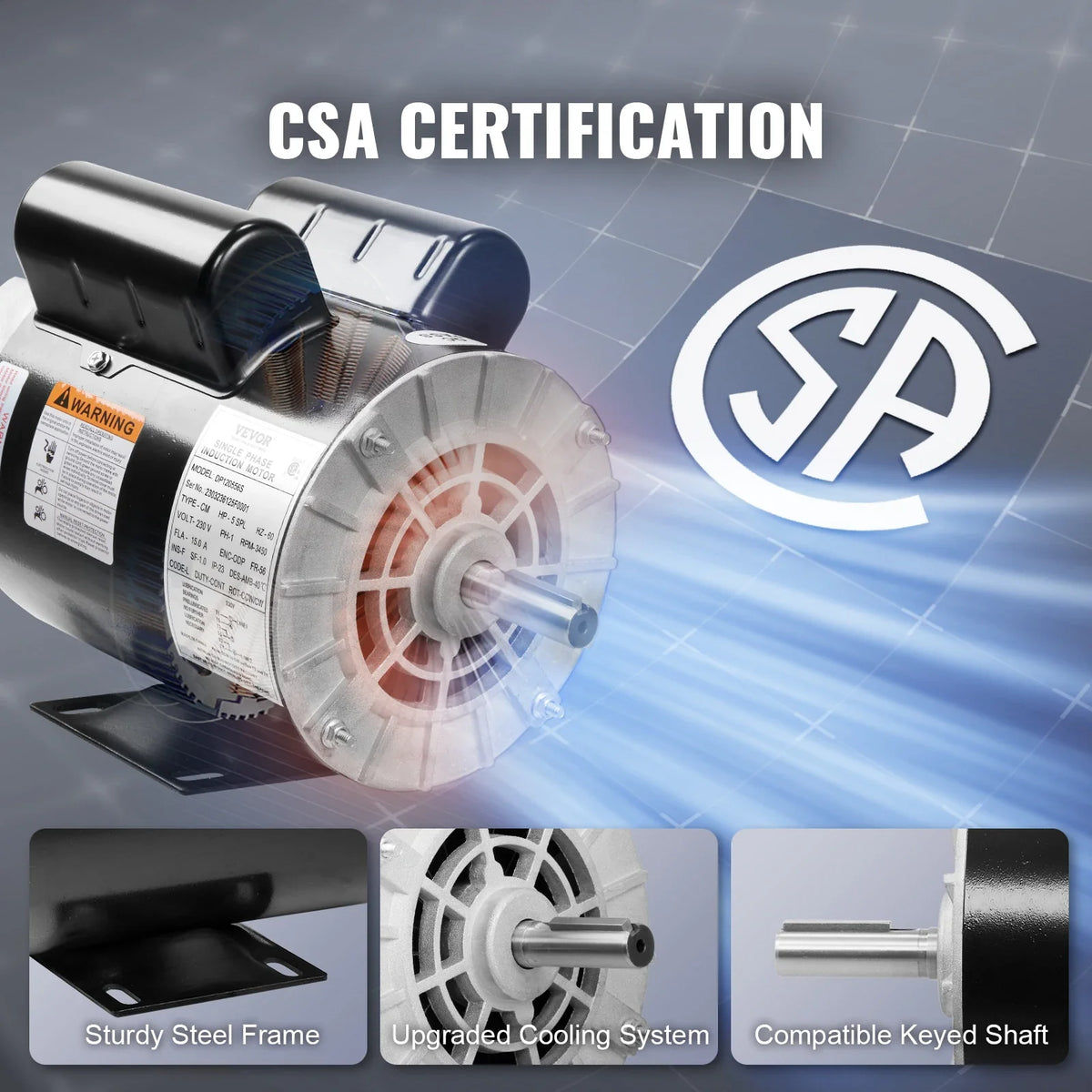 Electric Air Compressor Motor 230V 15.0Amps 3450RPM 5/8" Keyed Shaft CW/CCW Rotation Single Phase Motor for Air Compressor