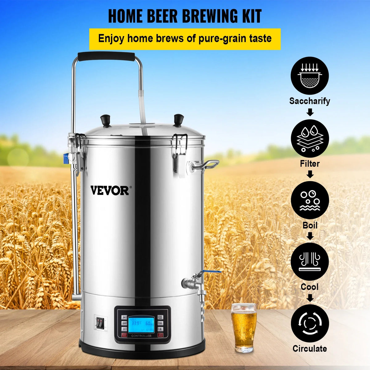 Electric Brewing System, 9.2 Gal/35 L Brewing Pot, All-in-One Home Beer Brewer Kit w/Pump, w/Auto/Manual Mode Panel
