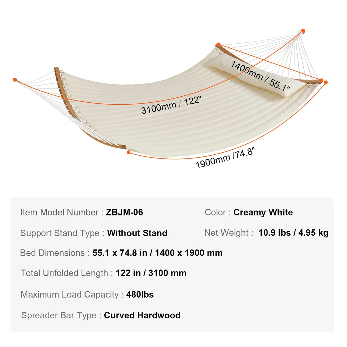 Double Quilted Fabric Hammock 12 FT 480 lbs Double Hammock 2 Person Quilted Hammock for Camping Outdoor Patio Yard Beach