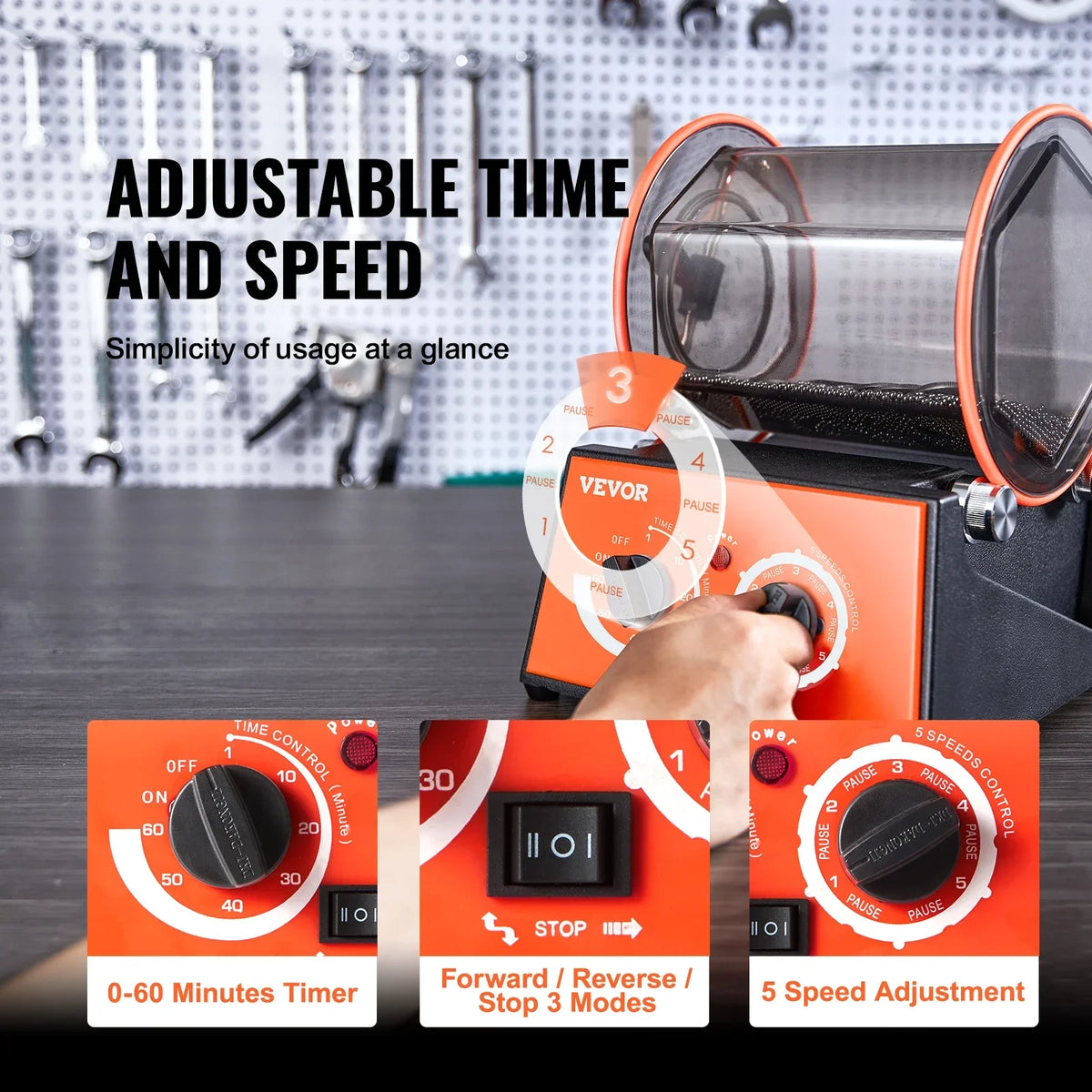 Rotary Tumbler Surface Horizontal Polisher 3kg5kg Mini Jewelry Drum Polishing Machine w/ 0-60 Minutes Timer Finishing Tool