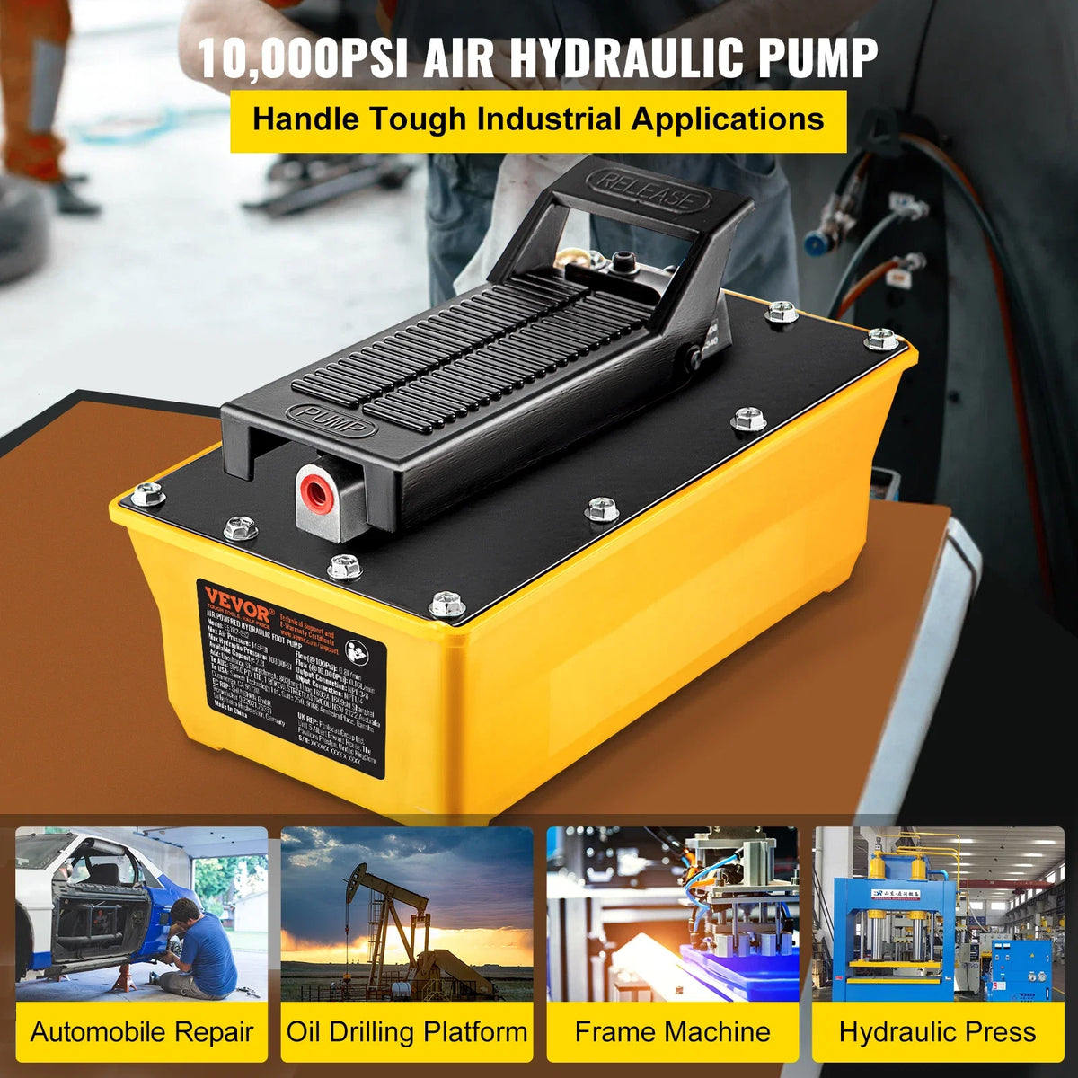 2.3L Fuel Tank 10000 PSI Air Hydraulic Foot Pump Single Acting with 200cm Oil Pipe & Spray Gun for Auto Repair Oil Rigging