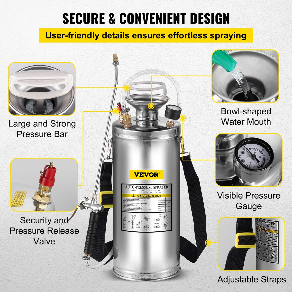 2Gal Stainless Steel Sprayer Hand Pump Sprayer with Pressure Gauge&Safety Valve Adjustable Nozzle for Gardening Sanitizing