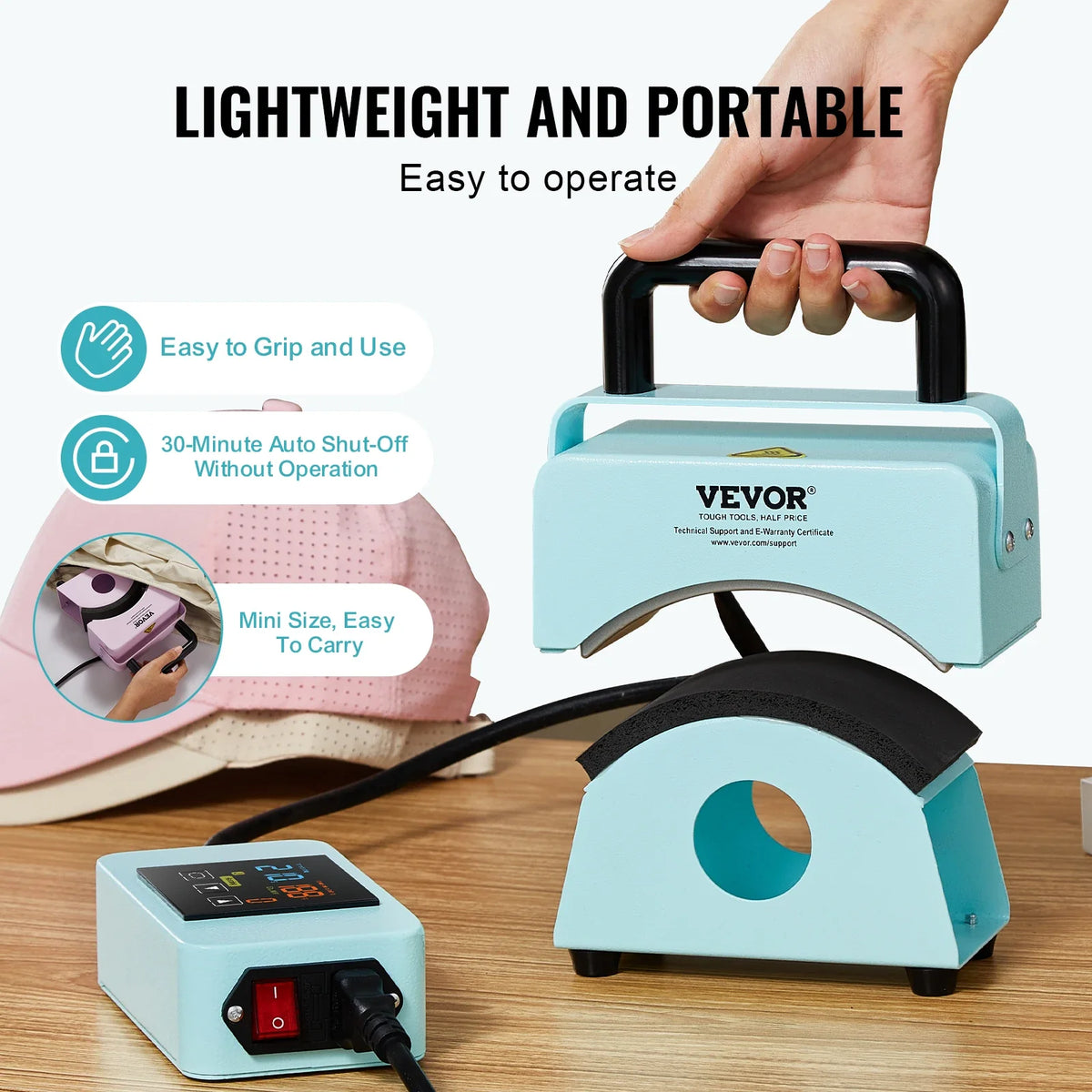 Hat Press Machine Mini Hat Heat Press with Integrated Control Panel 5.9x3.15 inch Curved Heating Plate, Automatic Shut-Off