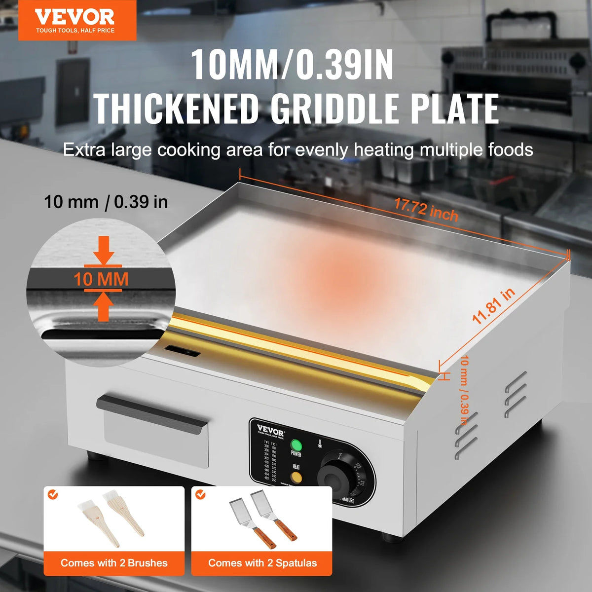 17.8In Commercial Electric Griddle, Countertop Flat Top Grill, 122℉-572 ℉ Adjustable Temp, Stainless Steel Griddle Grill