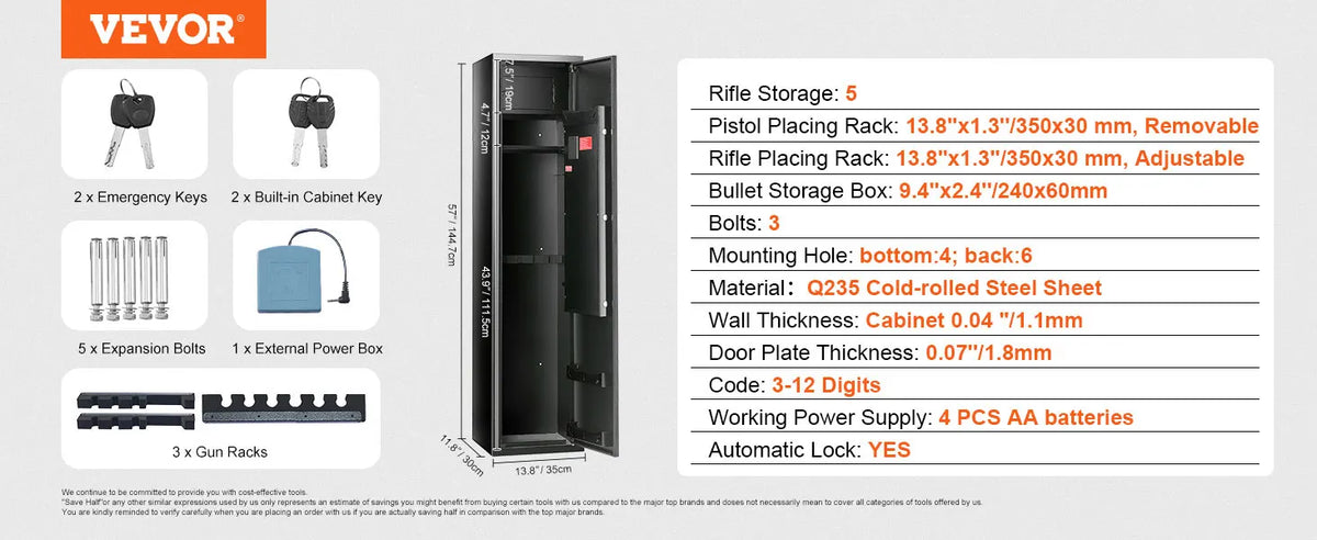 6 Rifles Gun Safe Rifle Safe W/ Fingerprint & Digital Keypad Lock Removable Gun Storage Cabinet W/ Built-in Storage Locker