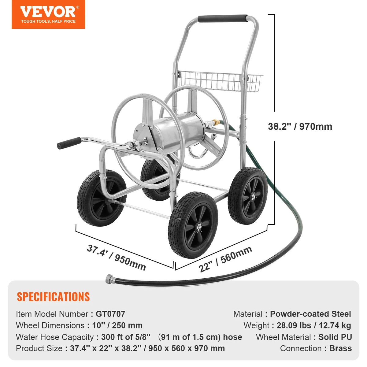 Hose Reel Cart300 ft 5/8’’ Hose Garden Water Hose Carts Mobile Tools  with Storage Basket for Garden Yard Lawn