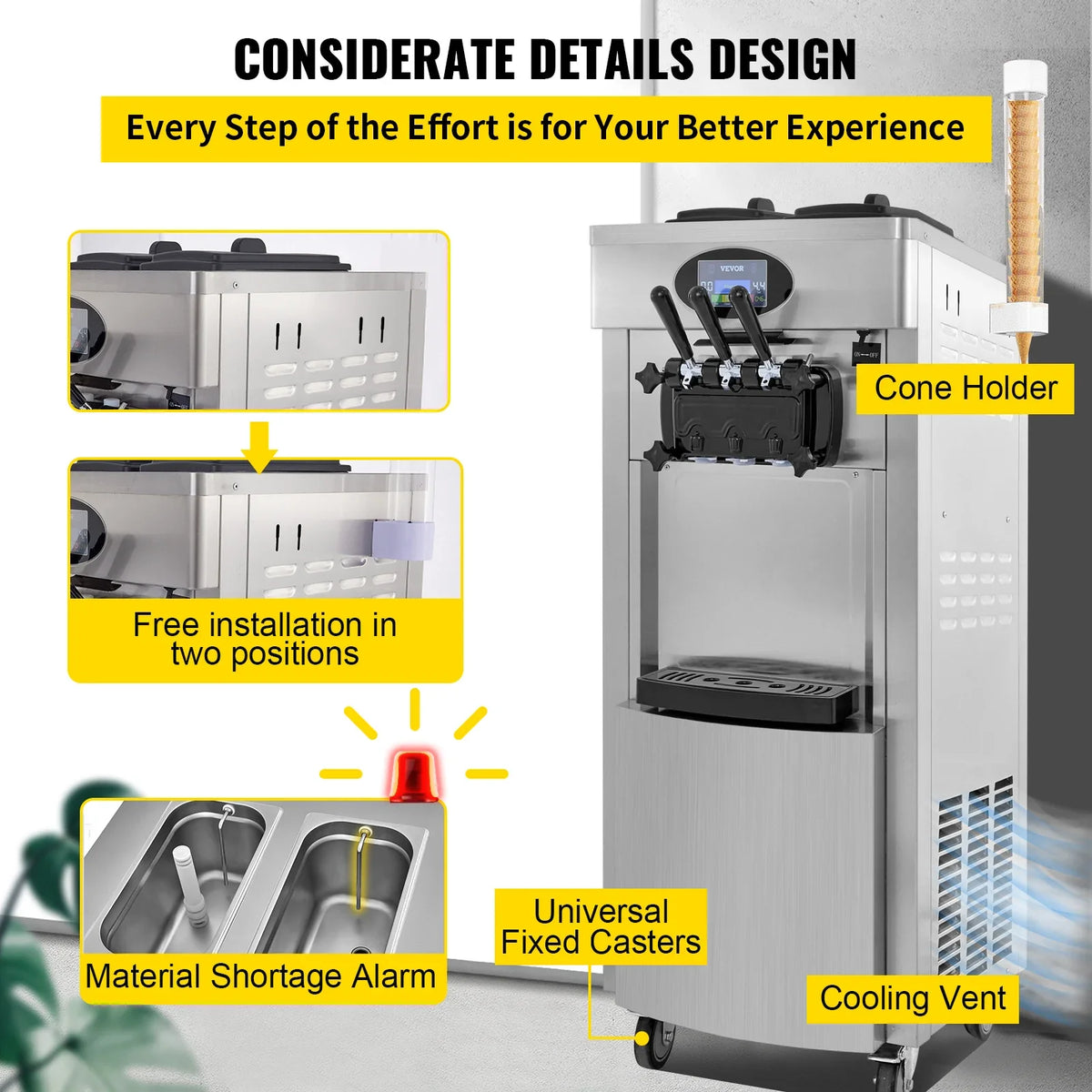 2200W Commercial Soft Ice Cream Machine 3 Flavors 5.3-7.4 Gal/H PreCooling at Night Auto Clean LCD Panel for Restaurants