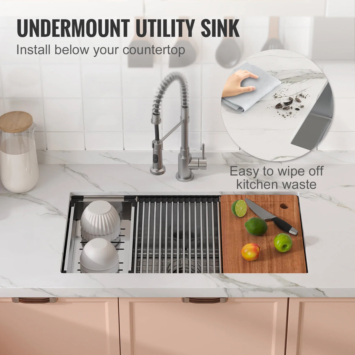 25-32inch Stainless Steel Kitchen Sink Undermount Single Bowl Workstation Step Sink with Cutting Board and Basket Strainer
