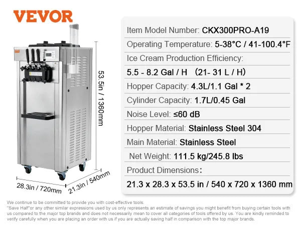 2200W Commercial Soft Ice Cream Machine 3 Flavors 5.3 to 7.4Gallon per Hour PreCooling at Night Auto Clean LCD Panel