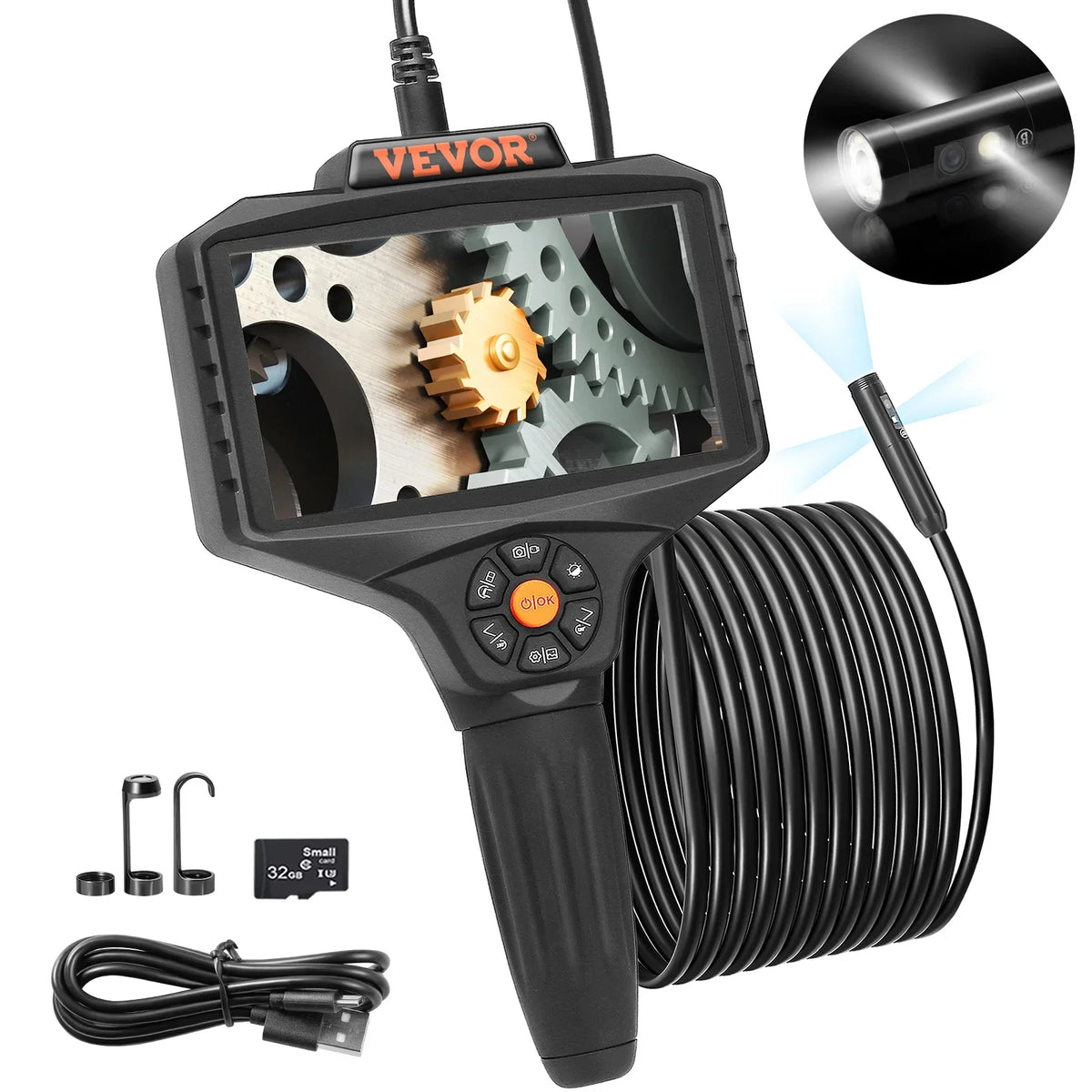 Triple Lens Borescope 5" IPS Screen Inspection Camera with Lights 8X Zoom 1080P HD Split Screen for AutomotivePlumbing