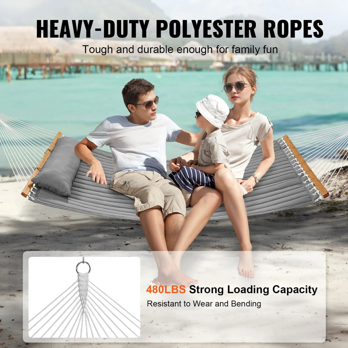 Double Quilted Fabric Hammock 12 FT 480 lbs Double Hammock 2 Person Quilted Hammock for Camping Outdoor Patio Yard Beach
